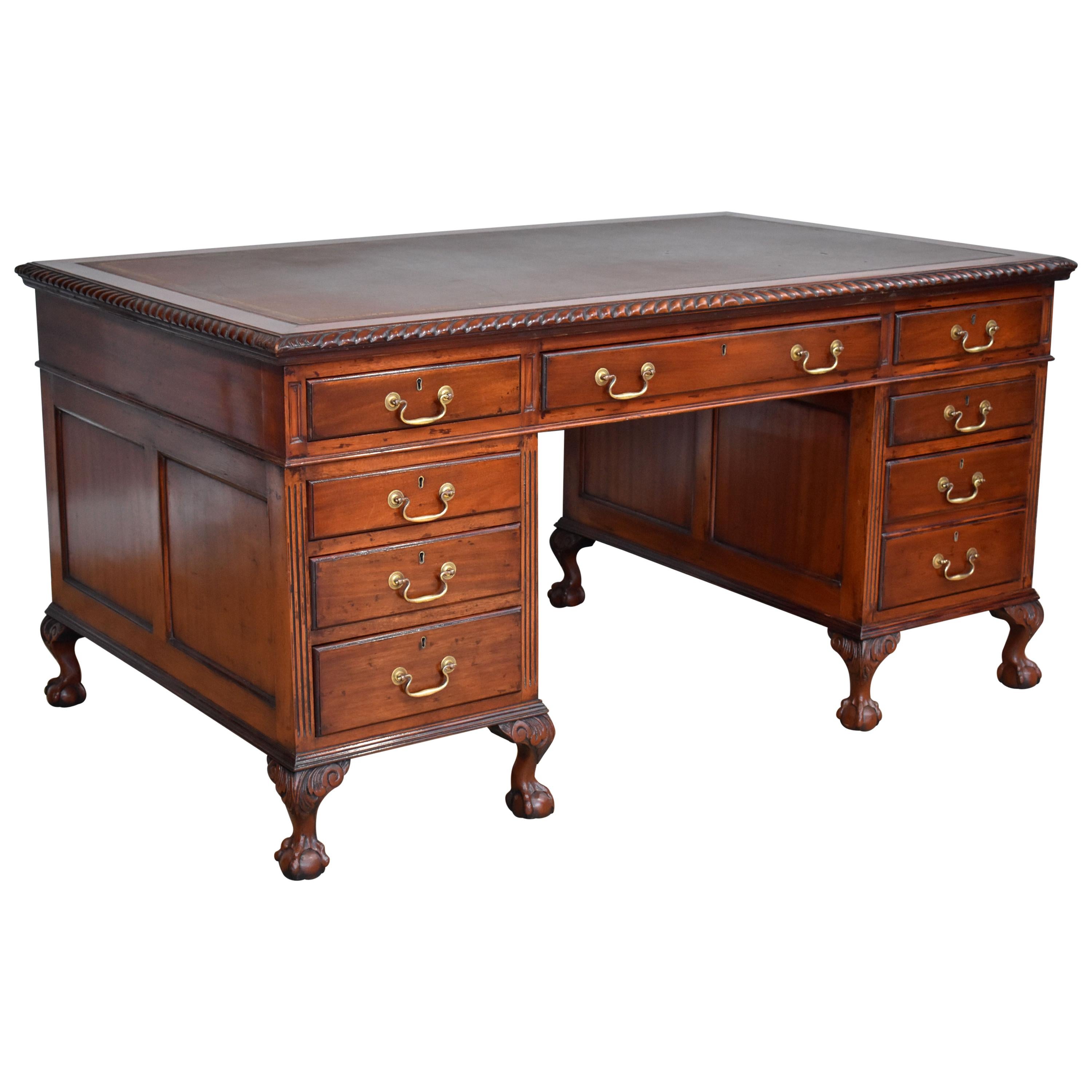 20th Century English Antique Mahogany Chippendale Style Pedestal Desk