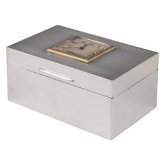 20th Century English Art Deco Solid Silver Cigarette Box & Clock, London, c.1928