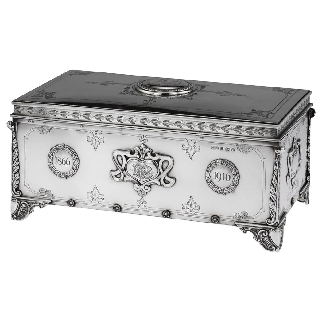 20th Century English Art Nouveau Solid Silver Presentation Cigar Box, circa 1916 For Sale