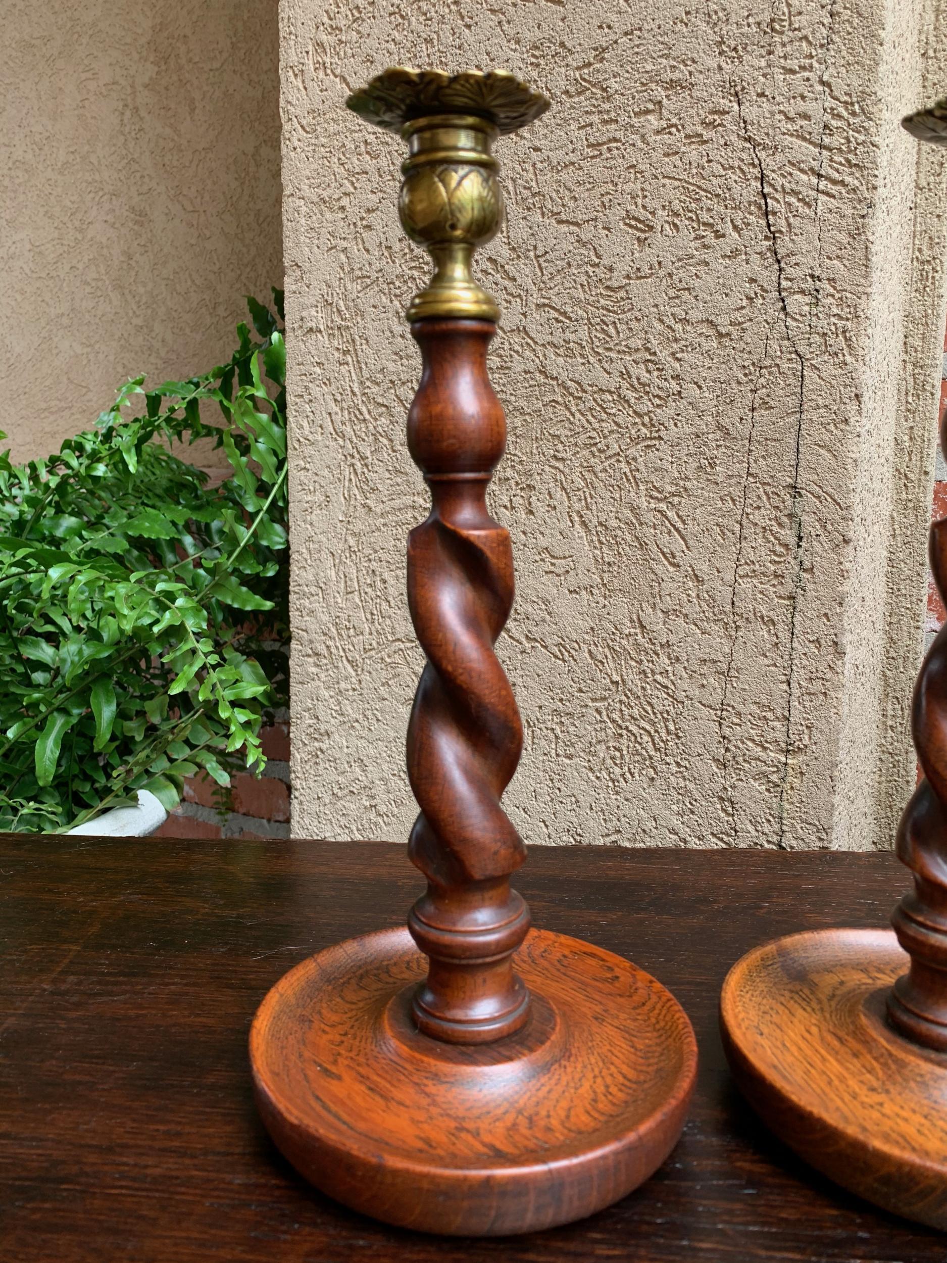 Early 20th Century 20th Century English Barley Twist Oak Candlestick Pair Set of 2 with Brass