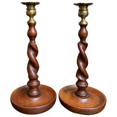 20th Century English Barley Twist Oak Candlestick Pair Set of 2 with Brass