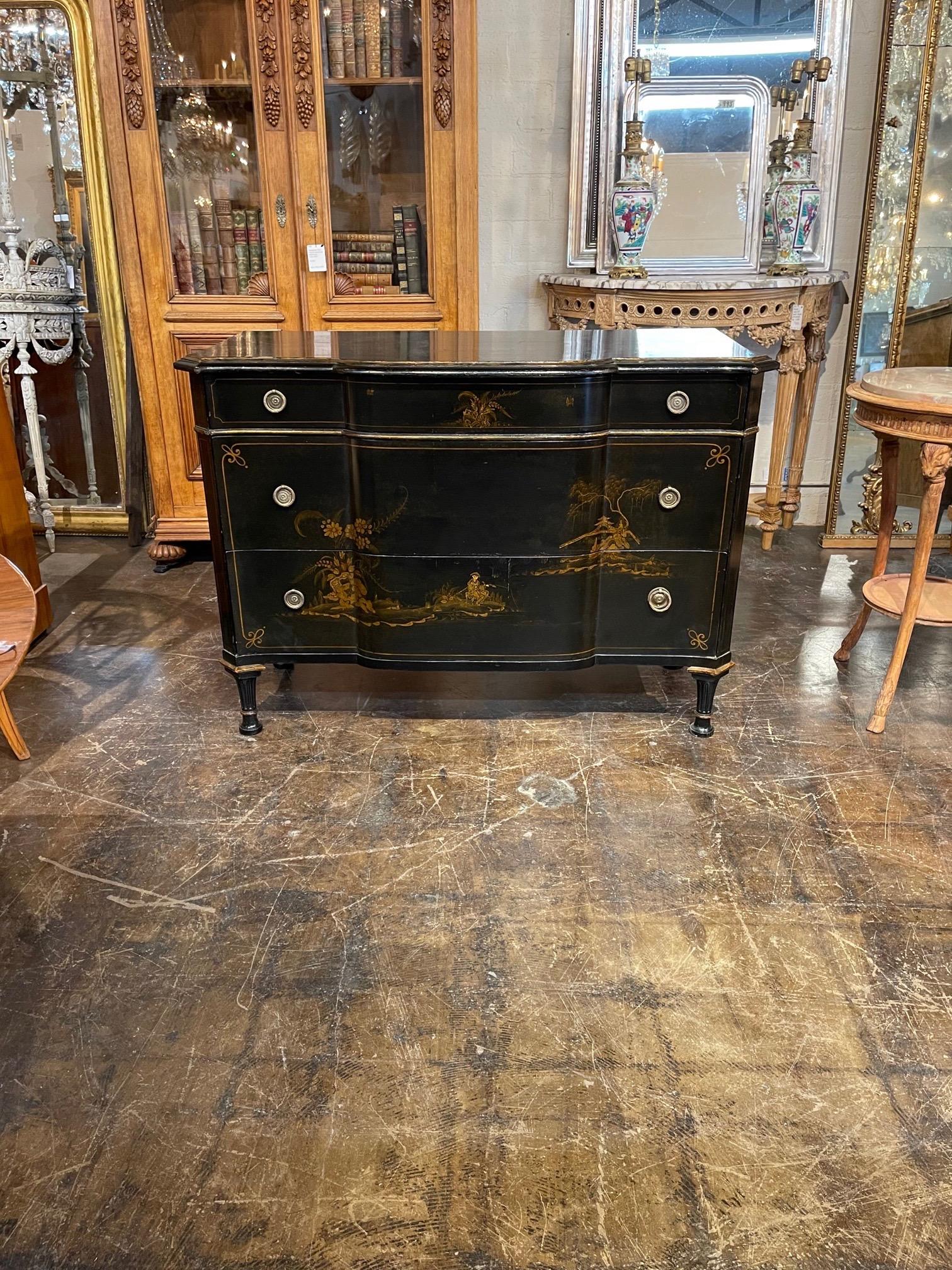 20th Century English Black Lacquered Chinoiserie Commode 5