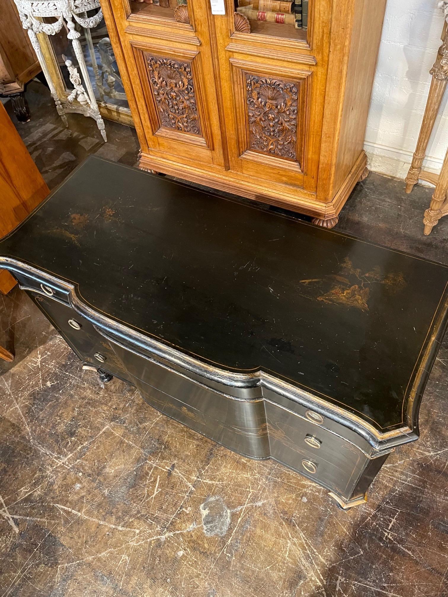 Hand-Painted 20th Century English Black Lacquered Chinoiserie Commode