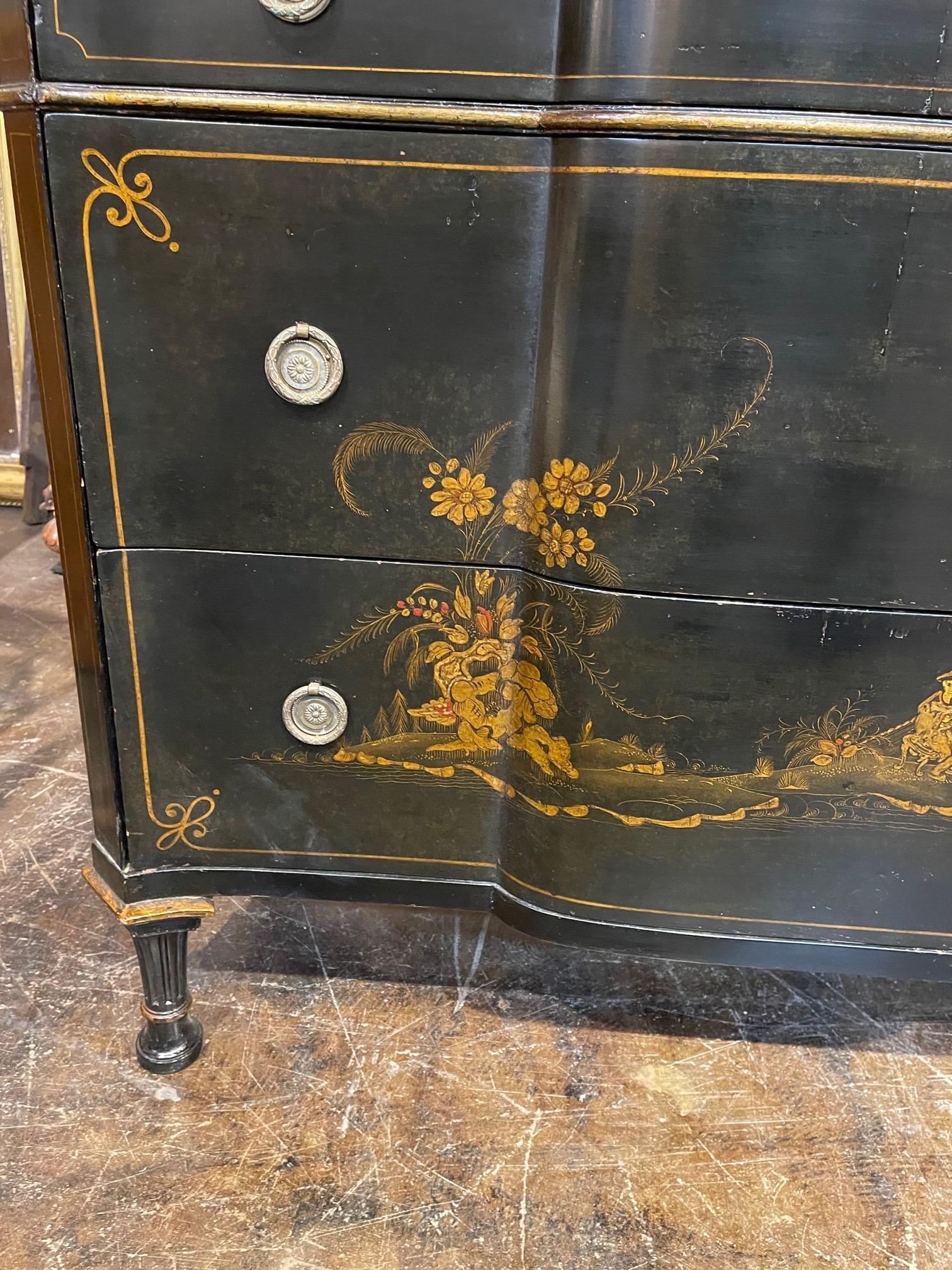 Wood 20th Century English Black Lacquered Chinoiserie Commode