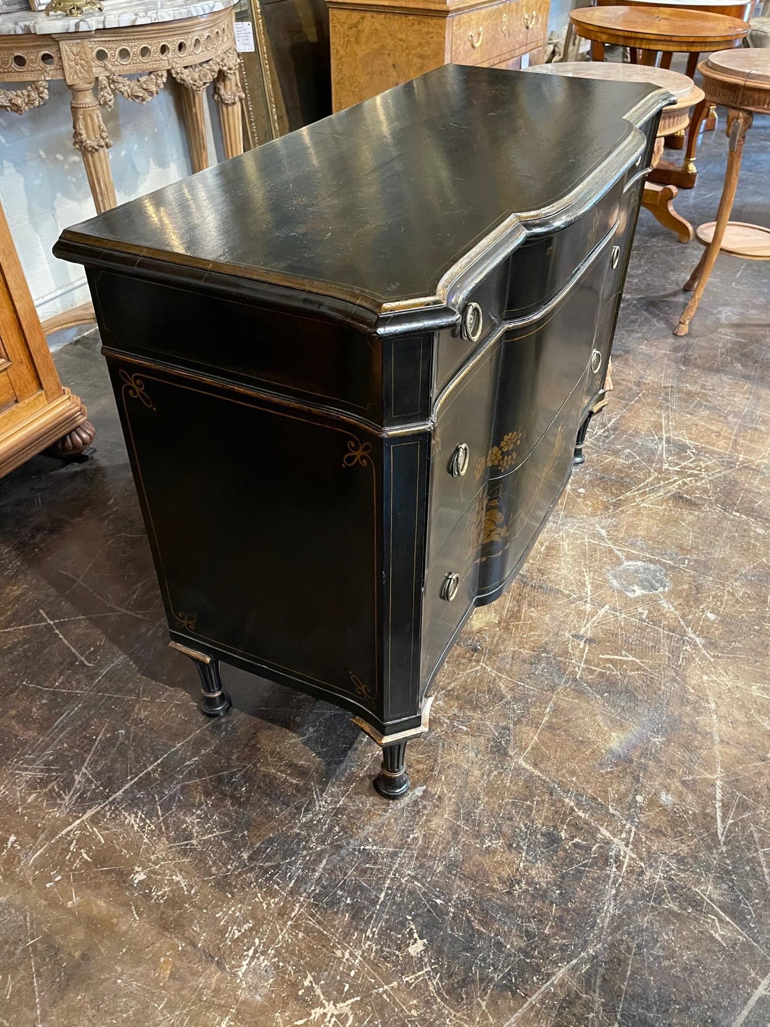 20th Century English Black Lacquered Chinoiserie Commode 2
