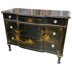 Vintage 20th Century English Black Lacquered Chinoiserie Commode