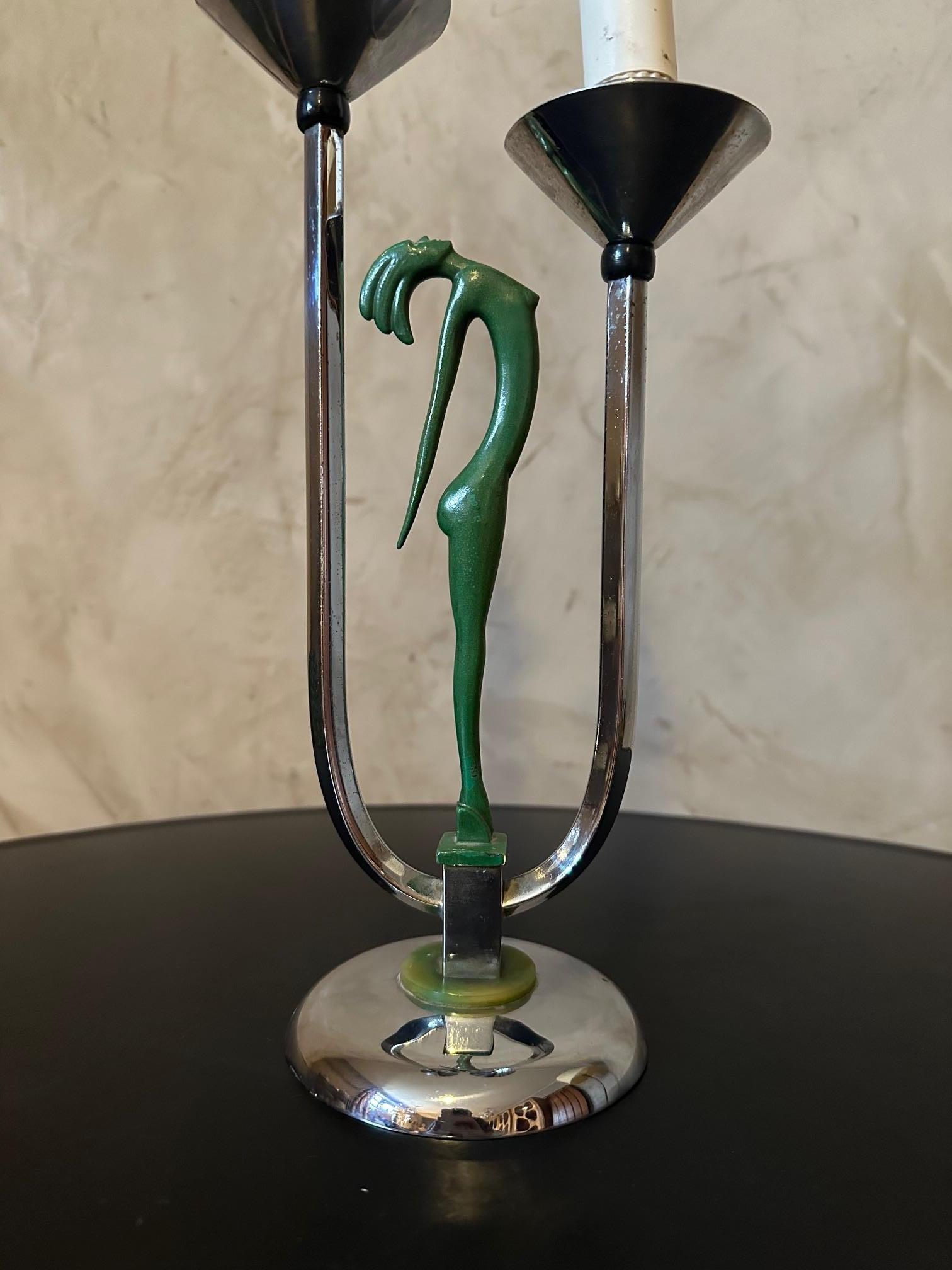Art Deco 20th century English Bronze and Chromed Metal Candleholder, 1930s