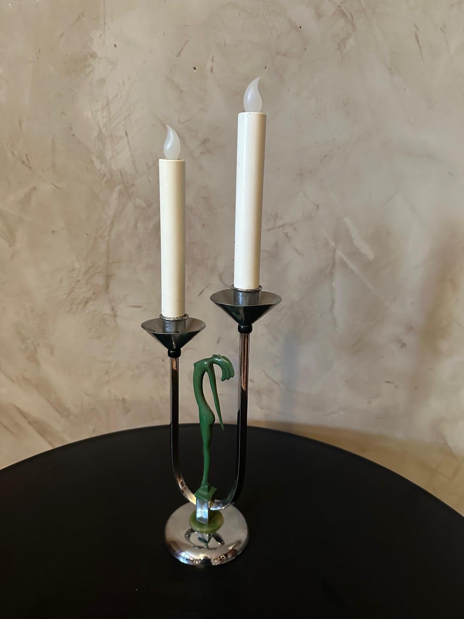 20th century English Bronze and Chromed Metal Candleholder, 1930s In Good Condition In LEGNY, FR