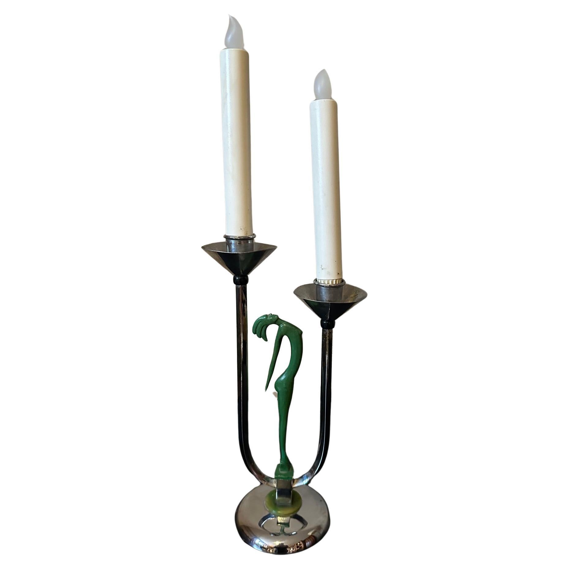 20th century English Bronze and Chromed Metal Candleholder, 1930s