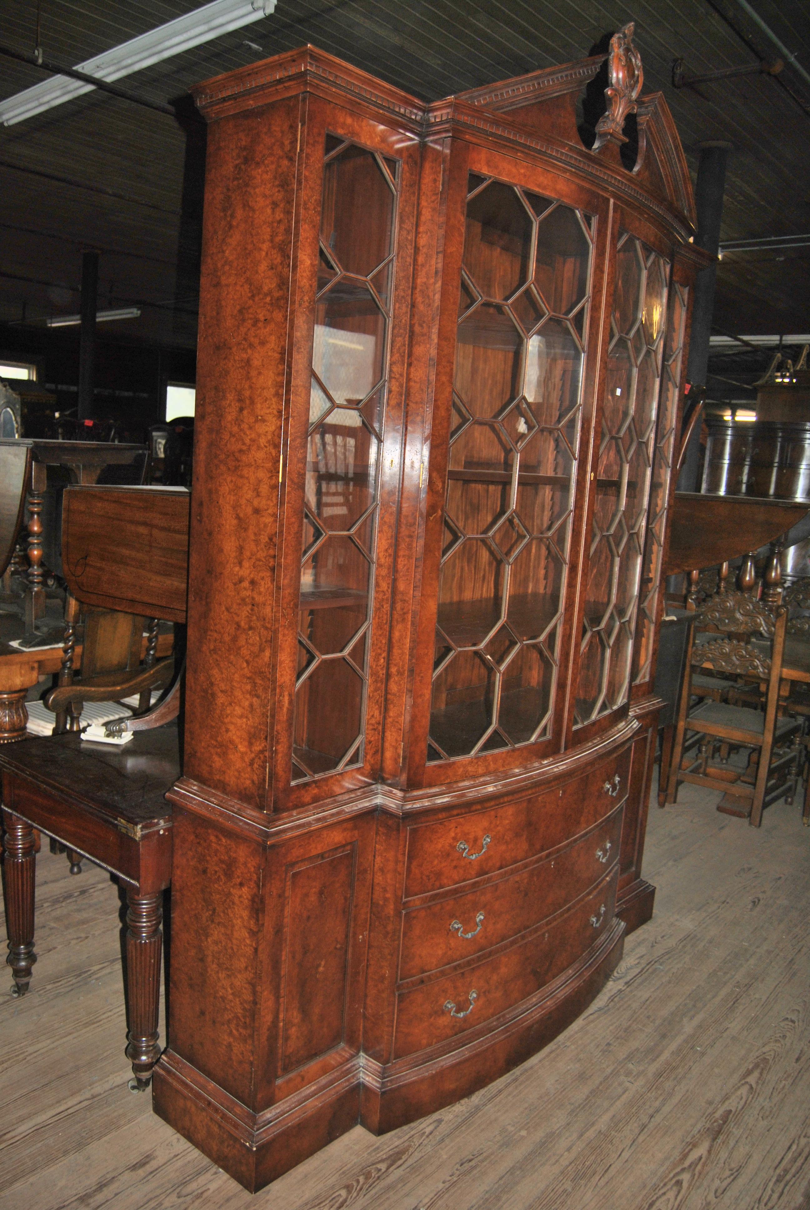 George IV 20th Century English Burr Walnut Bookcase or Breakfront