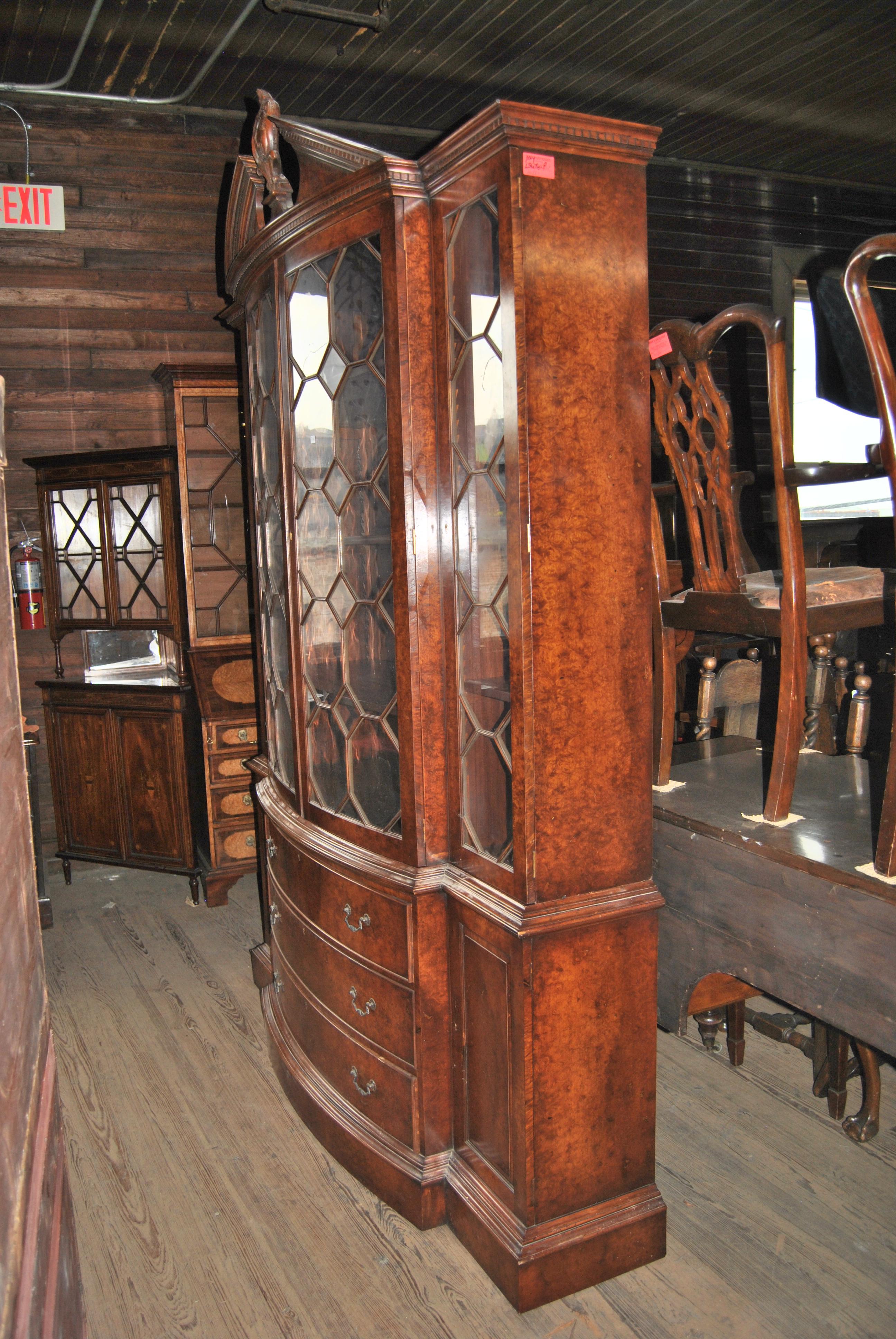 20th Century English Burr Walnut Bookcase or Breakfront In Good Condition In Savannah, GA