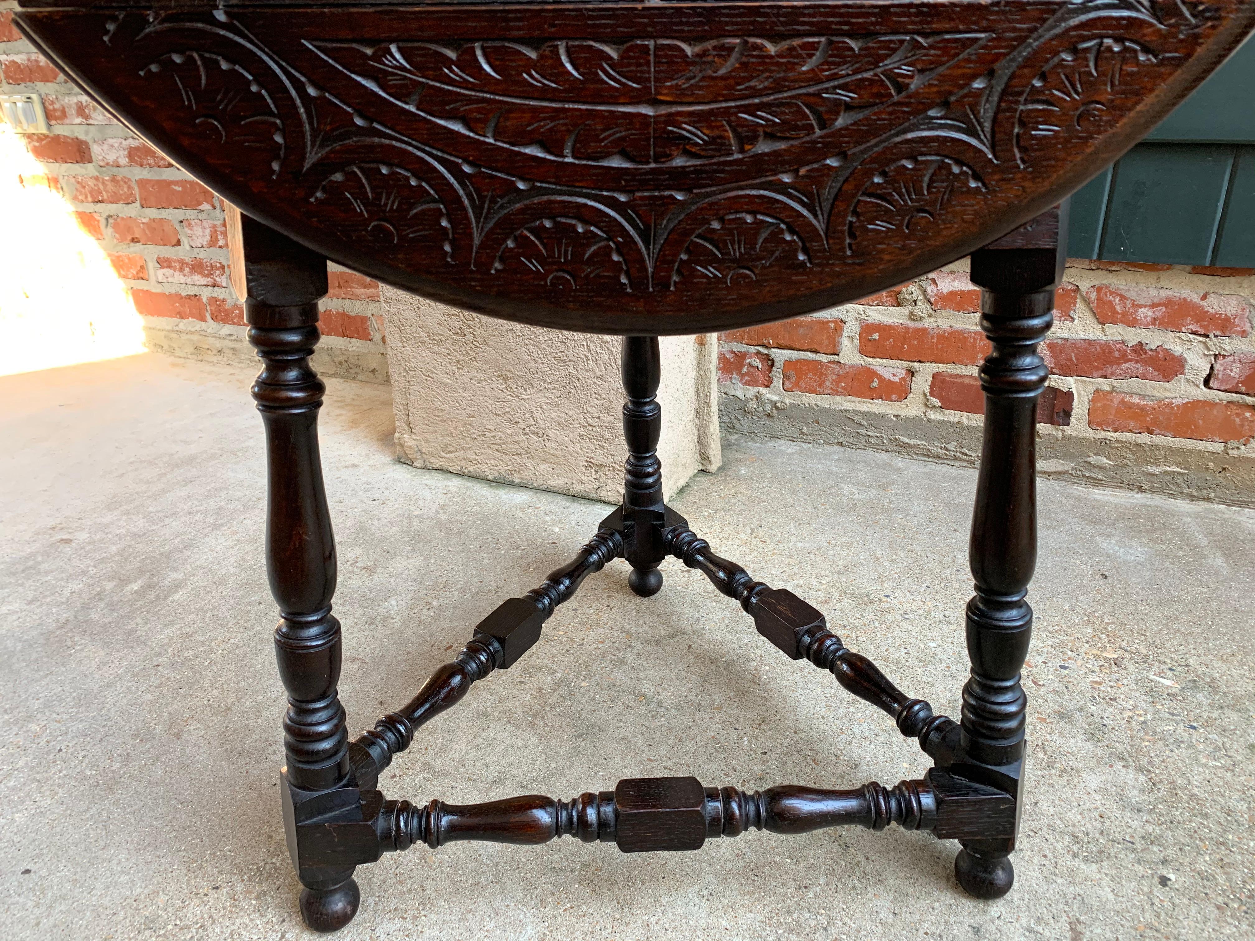 20th Century English Carved Dark Oak Envelope Handkerchief Drop-Leaf Table Round 6