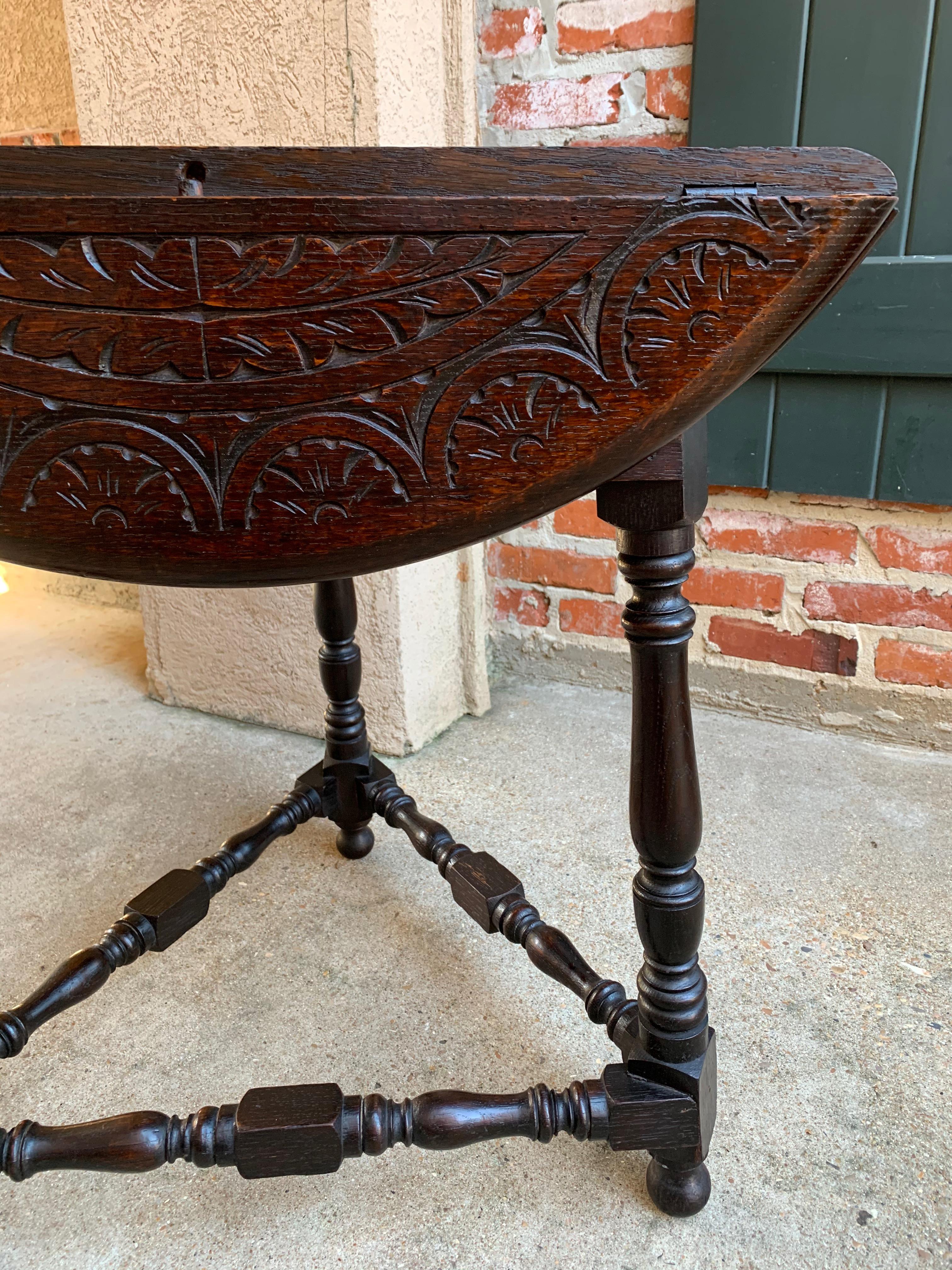 20th Century English Carved Dark Oak Envelope Handkerchief Drop-Leaf Table Round 7