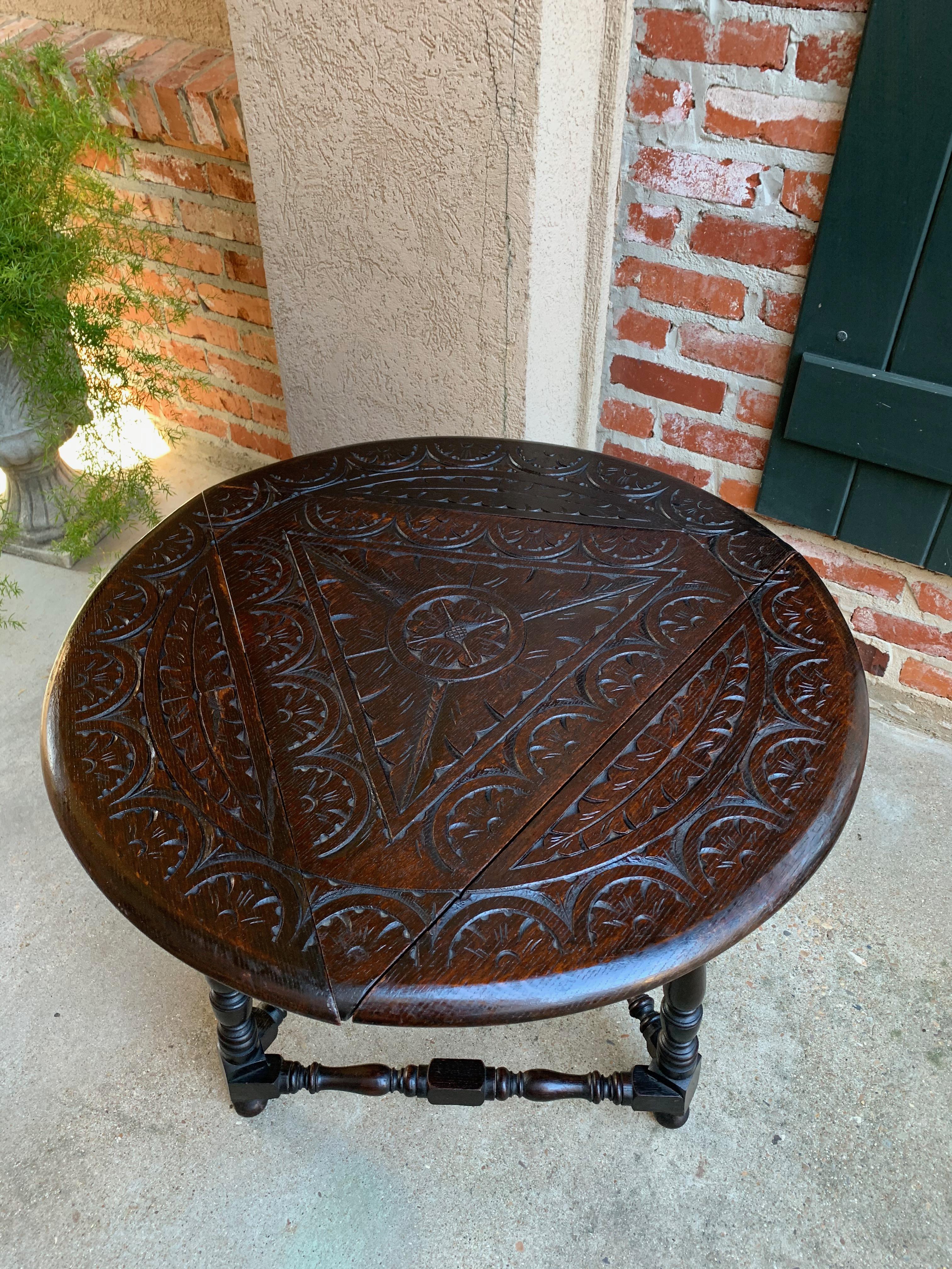 20th Century English Carved Dark Oak Envelope Handkerchief Drop-Leaf Table Round 4