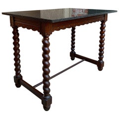 Used 20th Century English Carved Oak Barley Twist Sofa Hall Table w Marble Jacobean