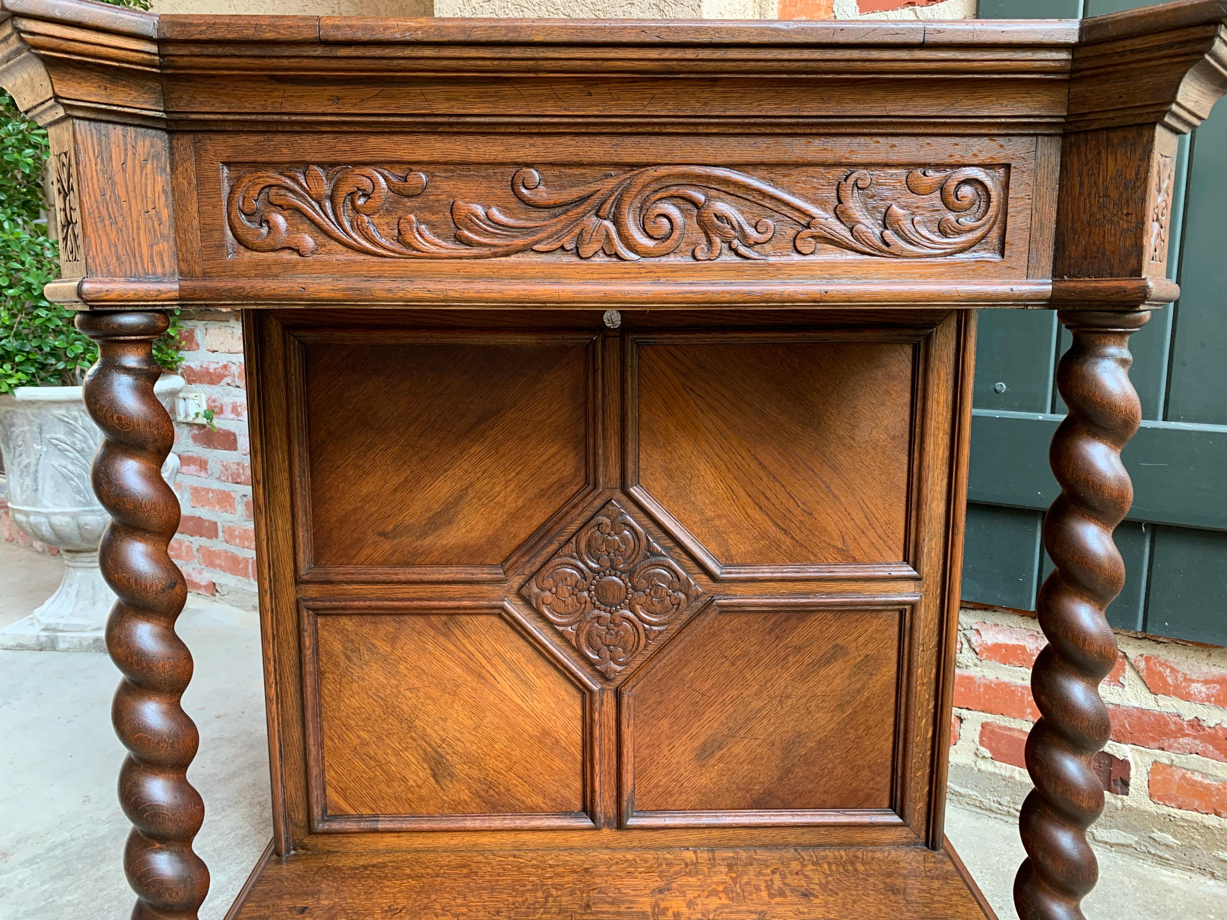 20th Century English Carved Oak Console Hall Table Barley Twist Column Cabinet 8