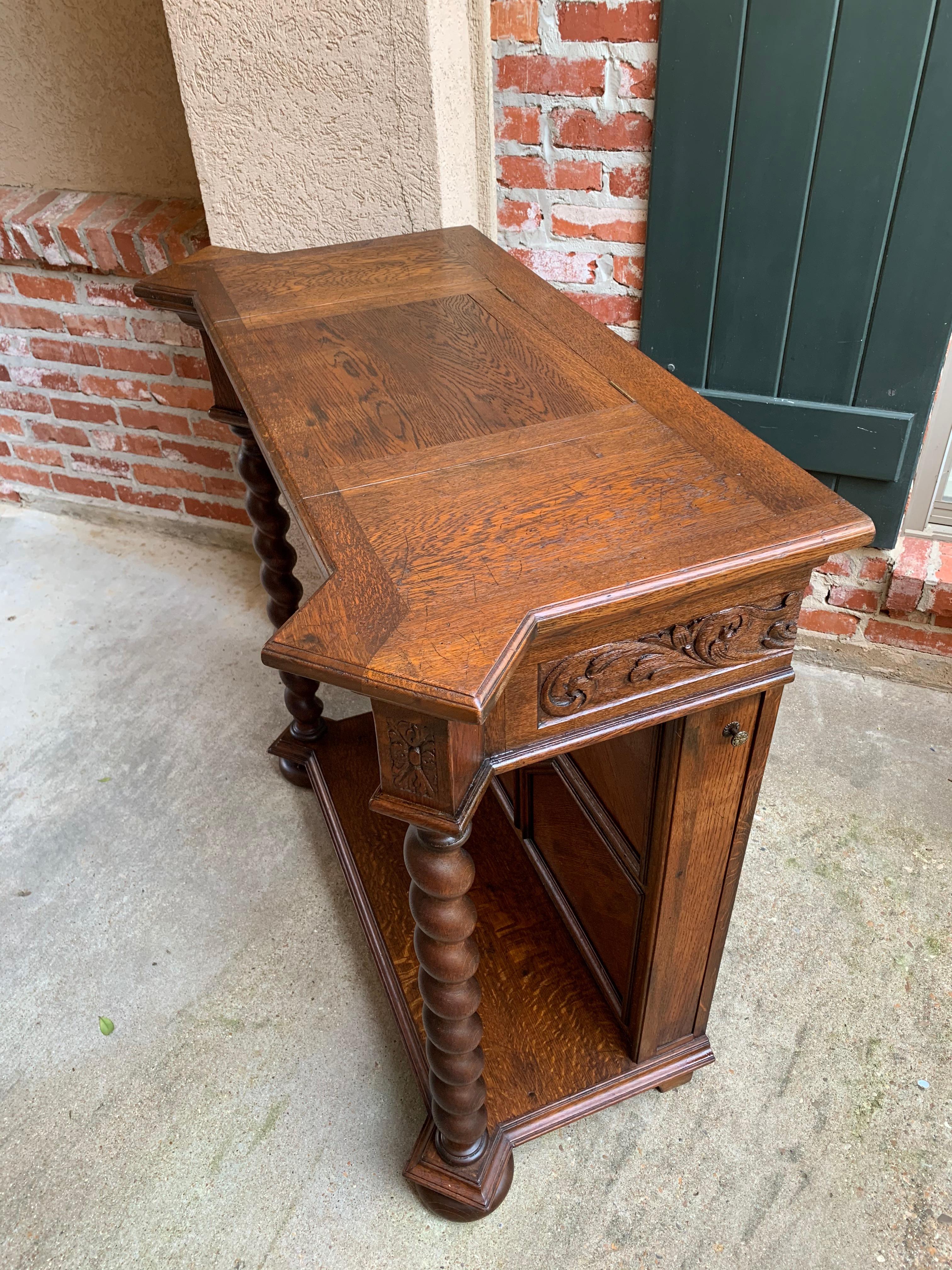 20th Century English Carved Oak Console Hall Table Barley Twist Column Cabinet 9