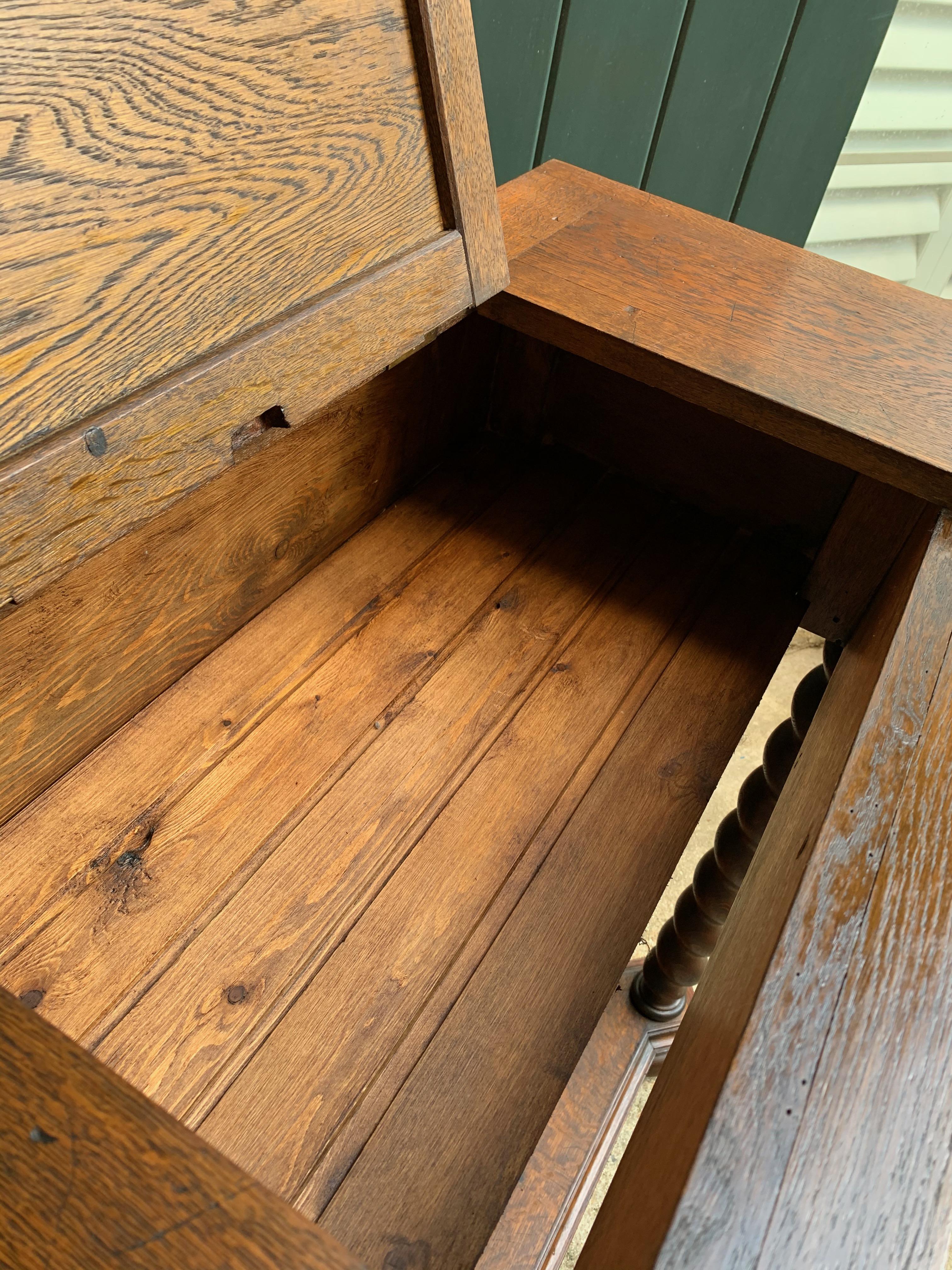 20th Century English Carved Oak Console Hall Table Barley Twist Column Cabinet 11