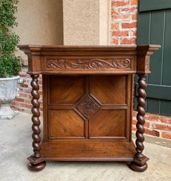 20th Century English Carved Oak Console Hall Table Barley Twist Column Cabinet