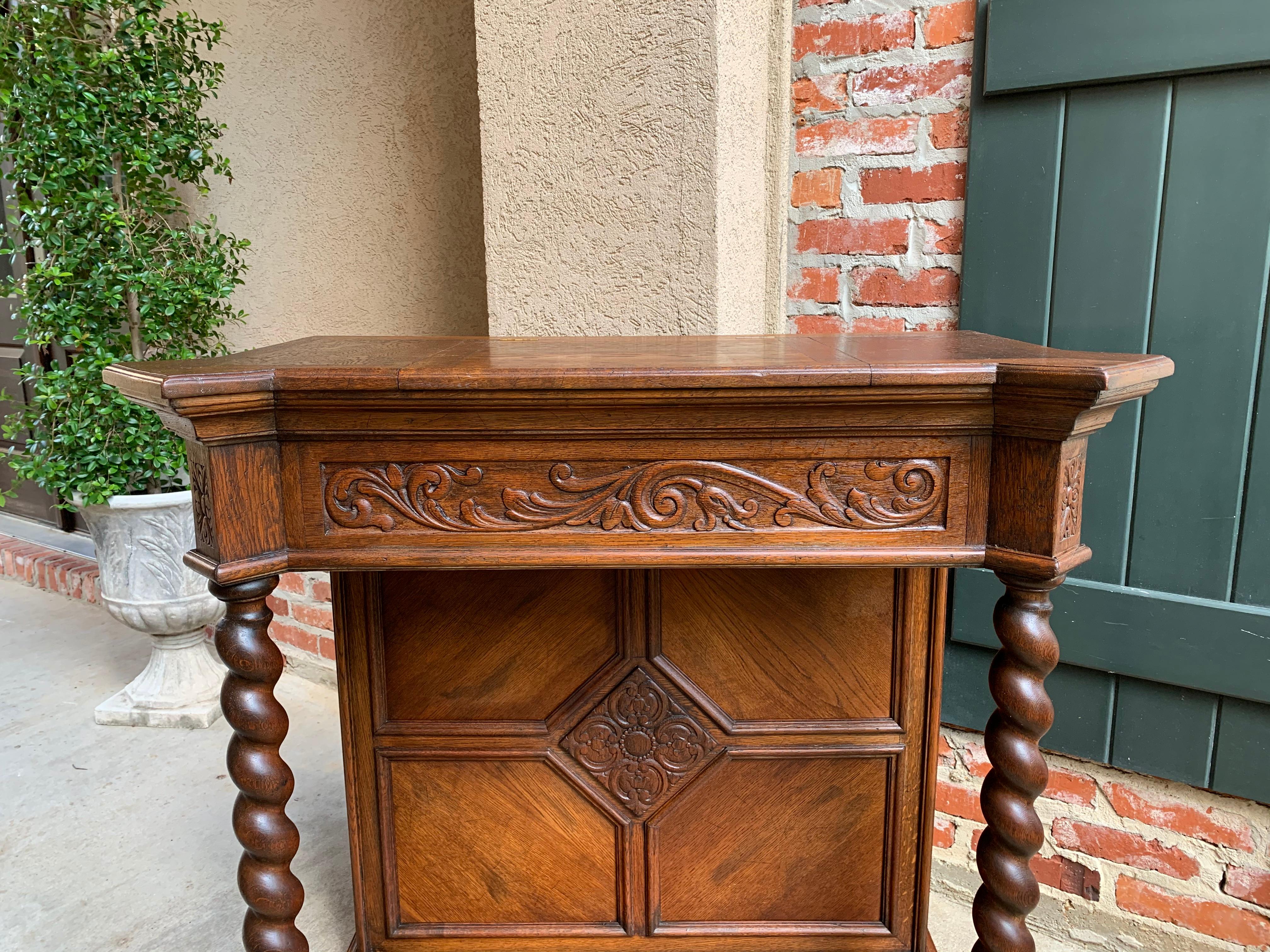 20th Century English Carved Oak Console Hall Table Barley Twist Column Cabinet 1