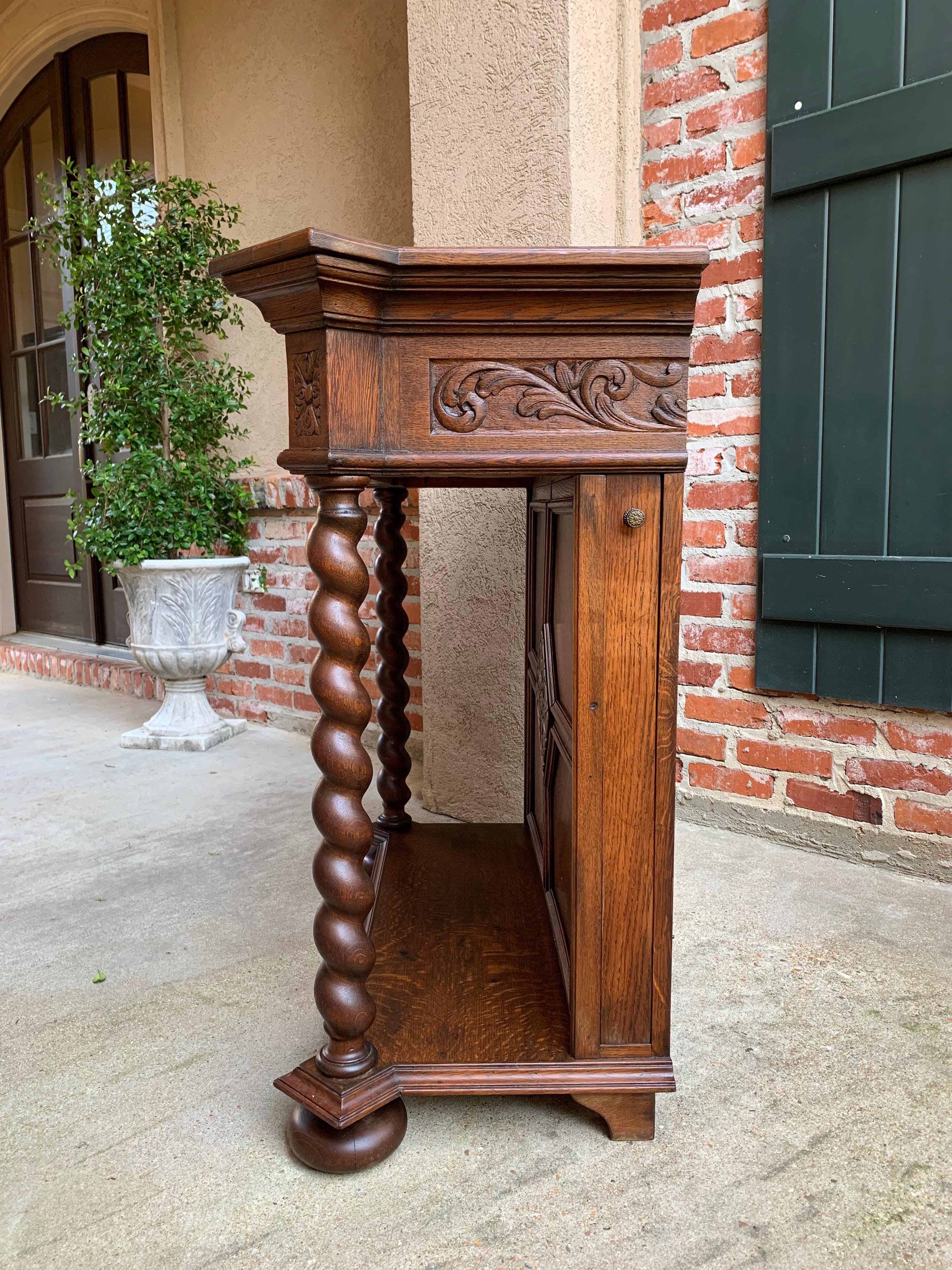 20th Century English Carved Oak Console Hall Table Barley Twist Column Cabinet 3