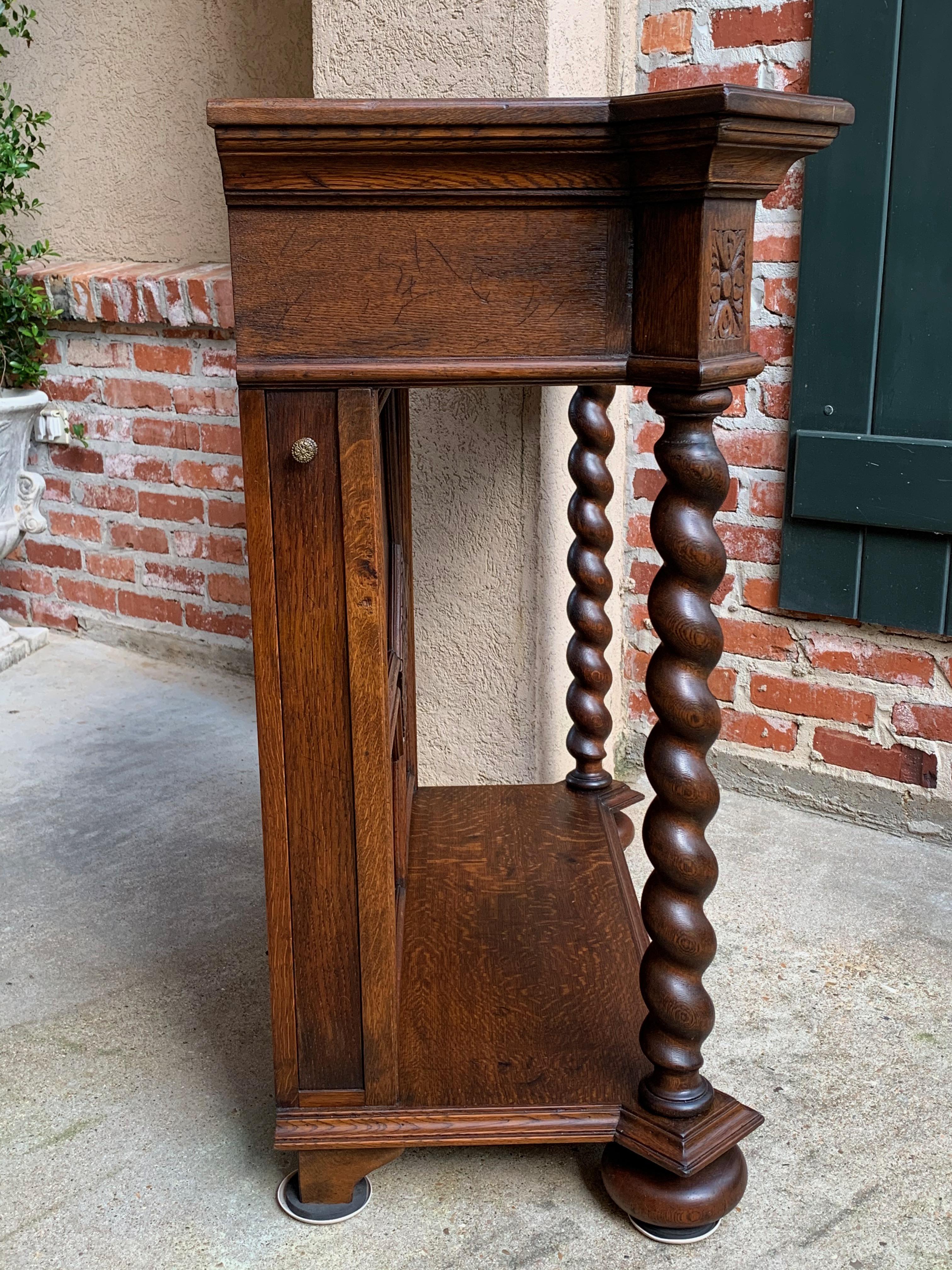 20th Century English Carved Oak Console Hall Table Barley Twist Column Cabinet 4