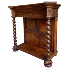20th Century English Carved Oak Console Hall Table Barley Twist Column Cabinet