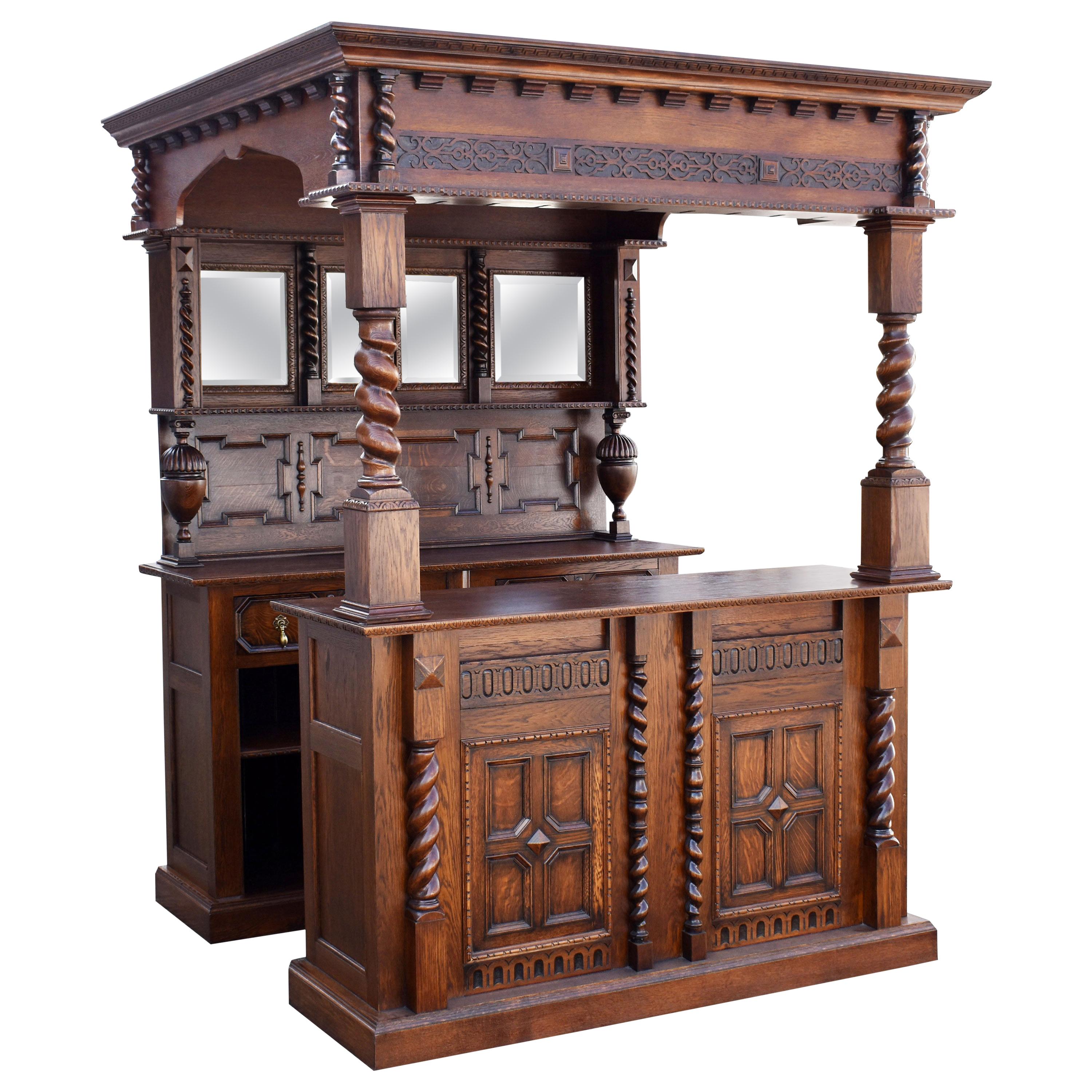 20th Century English Carved Oak Jacoban Style Front and Back Bar