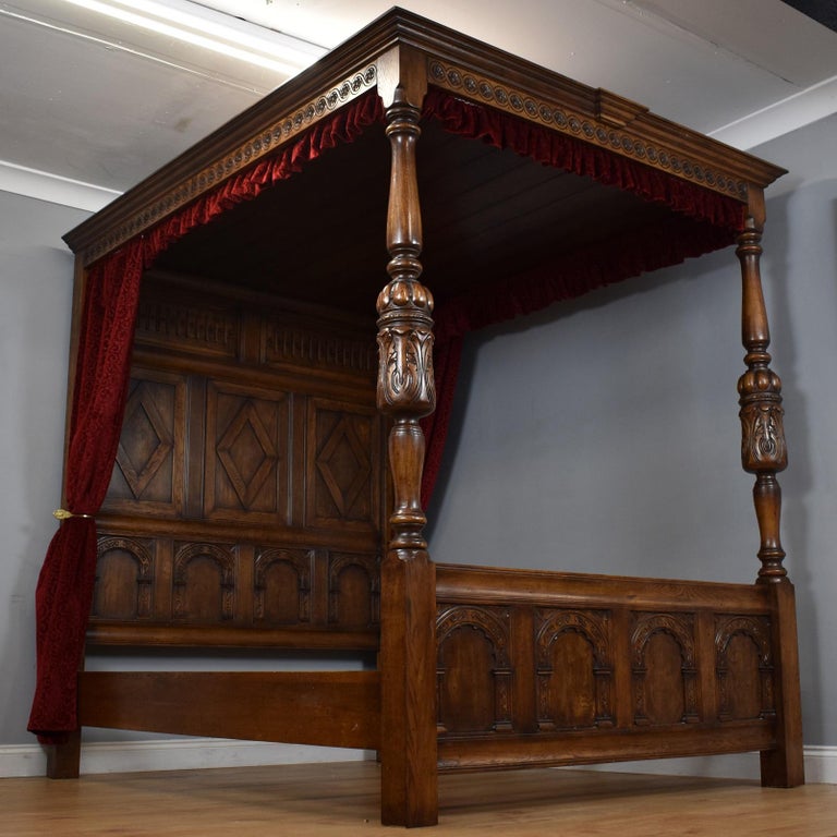 20th Century English Carved Oak Jacobean Style Four Poster Bed at