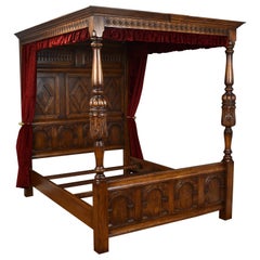 20th Century English Carved Oak Jacobean Style Four Poster Bed