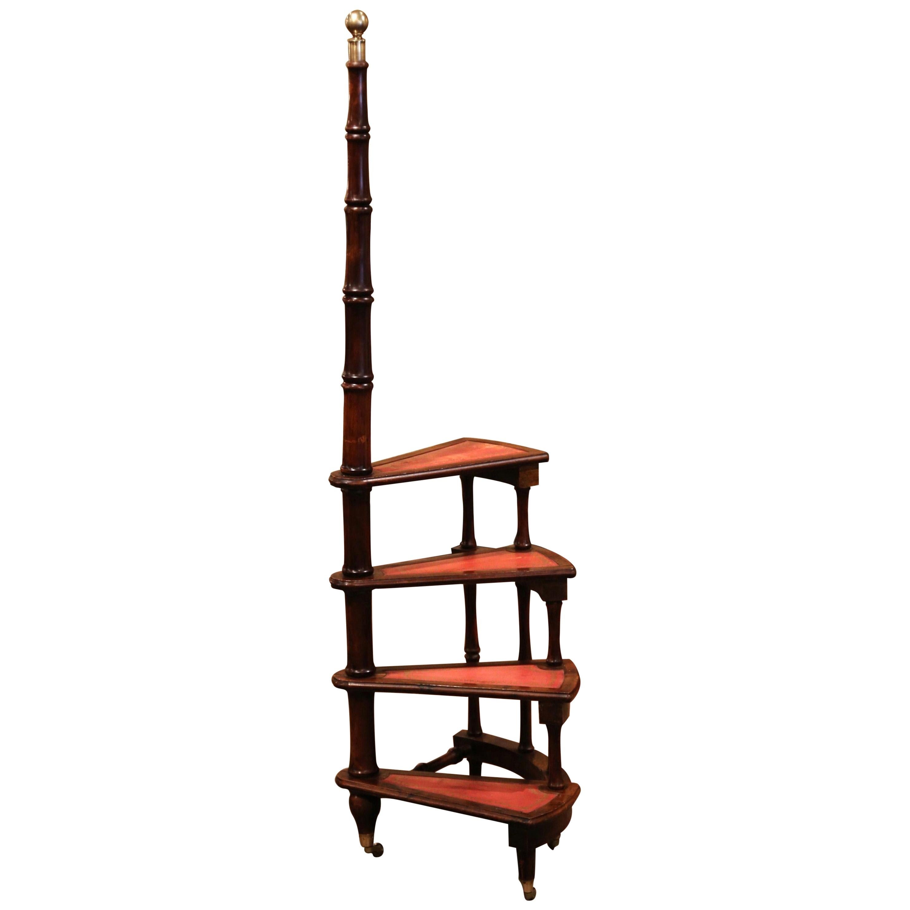 20th Century English Carved Walnut and Leather Spiral Step Library Ladder