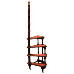 Vintage 20th Century English Carved Walnut and Leather Spiral Step Library Ladder