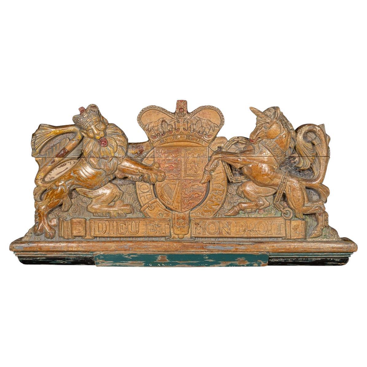 20th Century English Carved Wood & Painted Armorial Coat Of Arms, c.1900