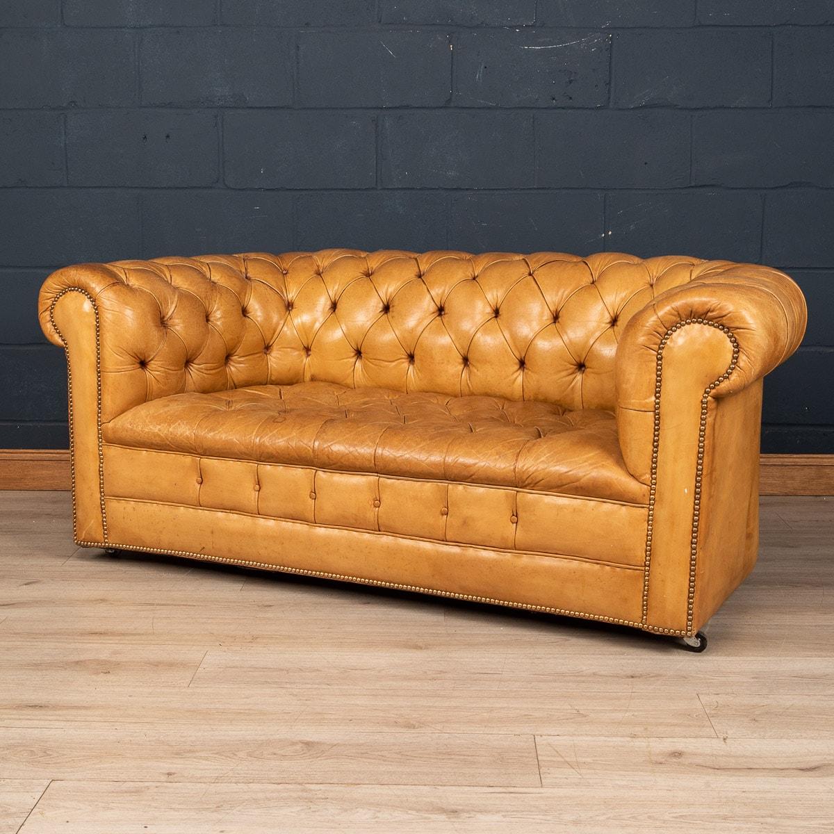 Brass 20th Century English Chesterfield Leather Sofa with Button Down Seats circa 1960