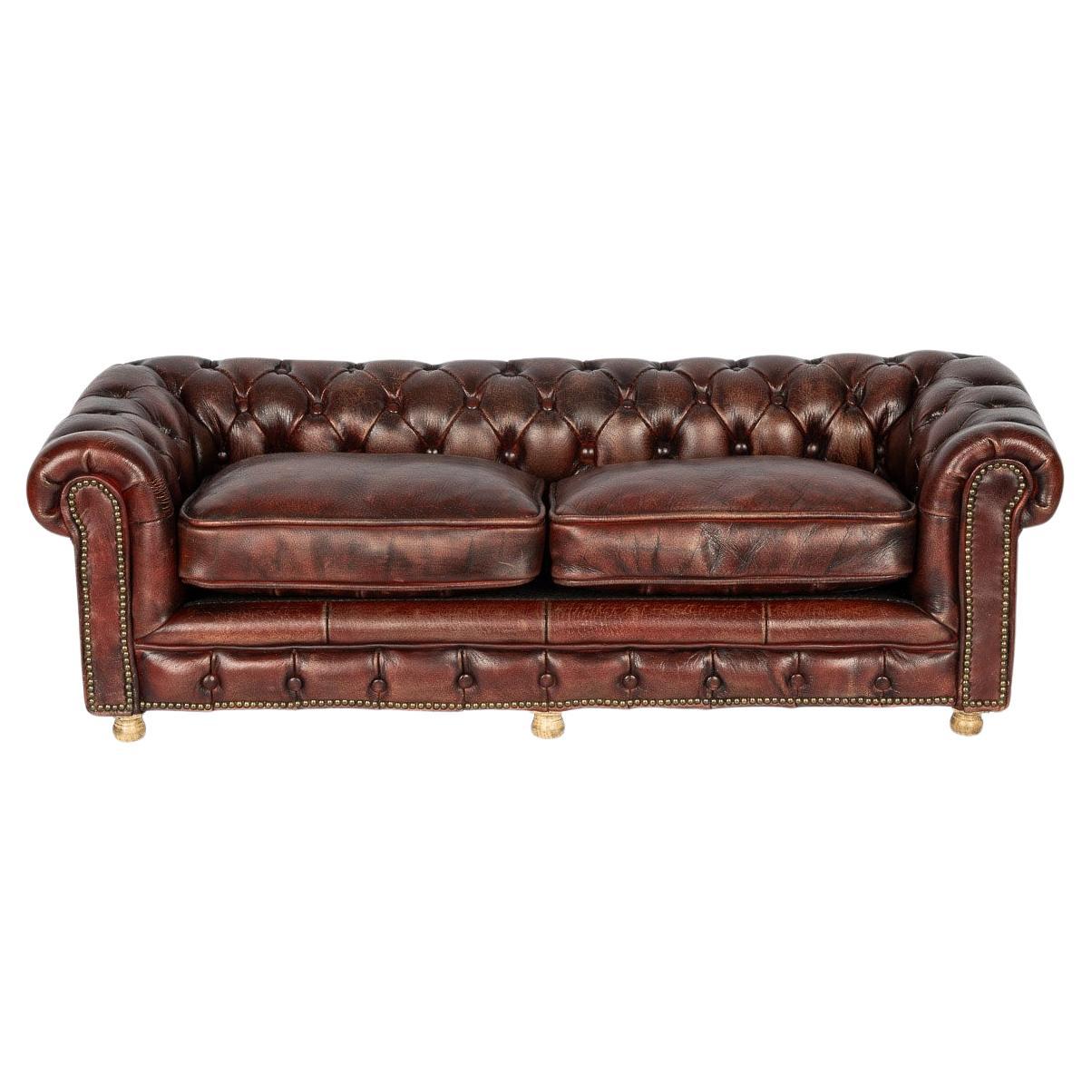 20th Century English Chesterfield Miniature Leather Sofa With Cushion Seats For Sale
