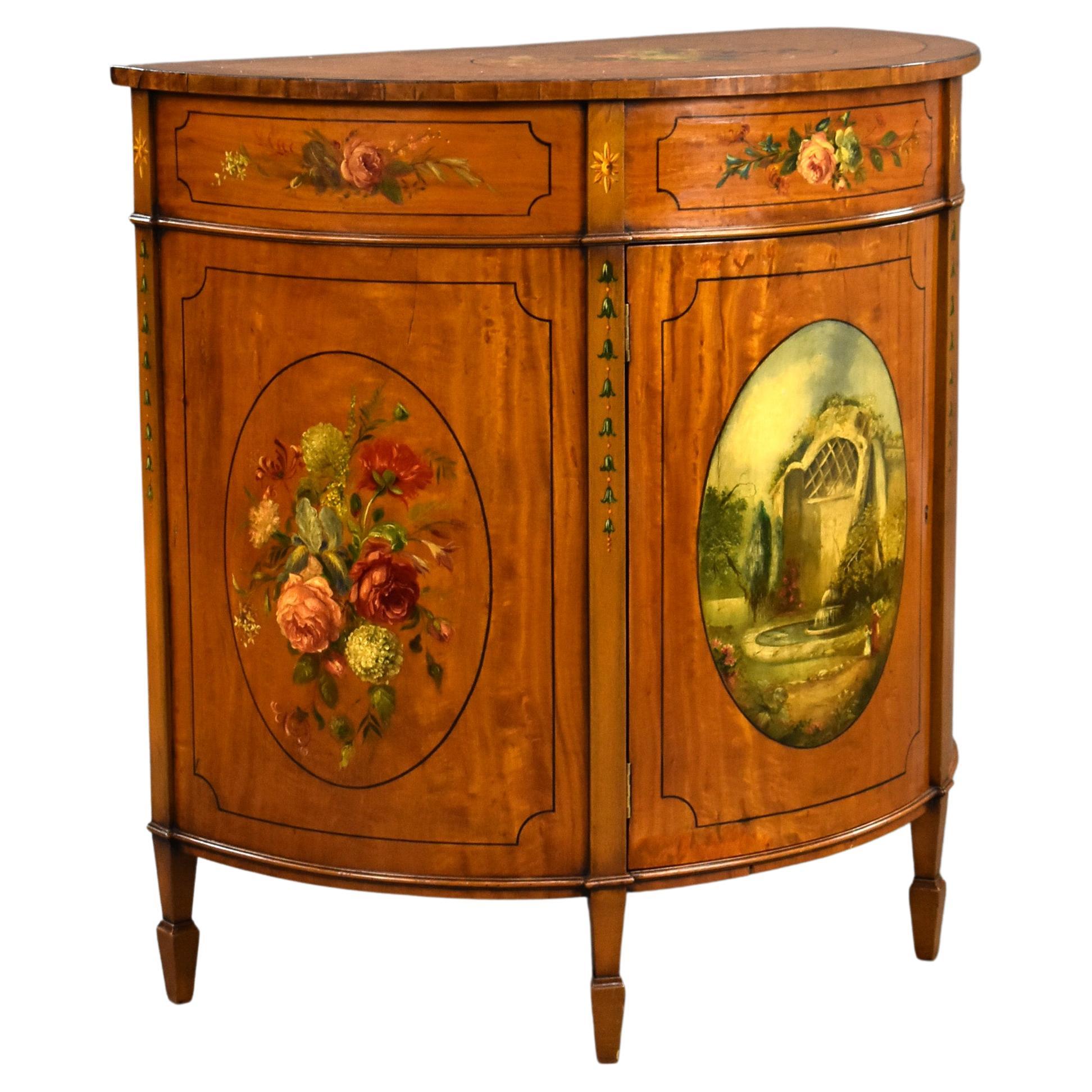 20th Century English Edwardian Hand Painted Satinwood Side Cabinet For Sale