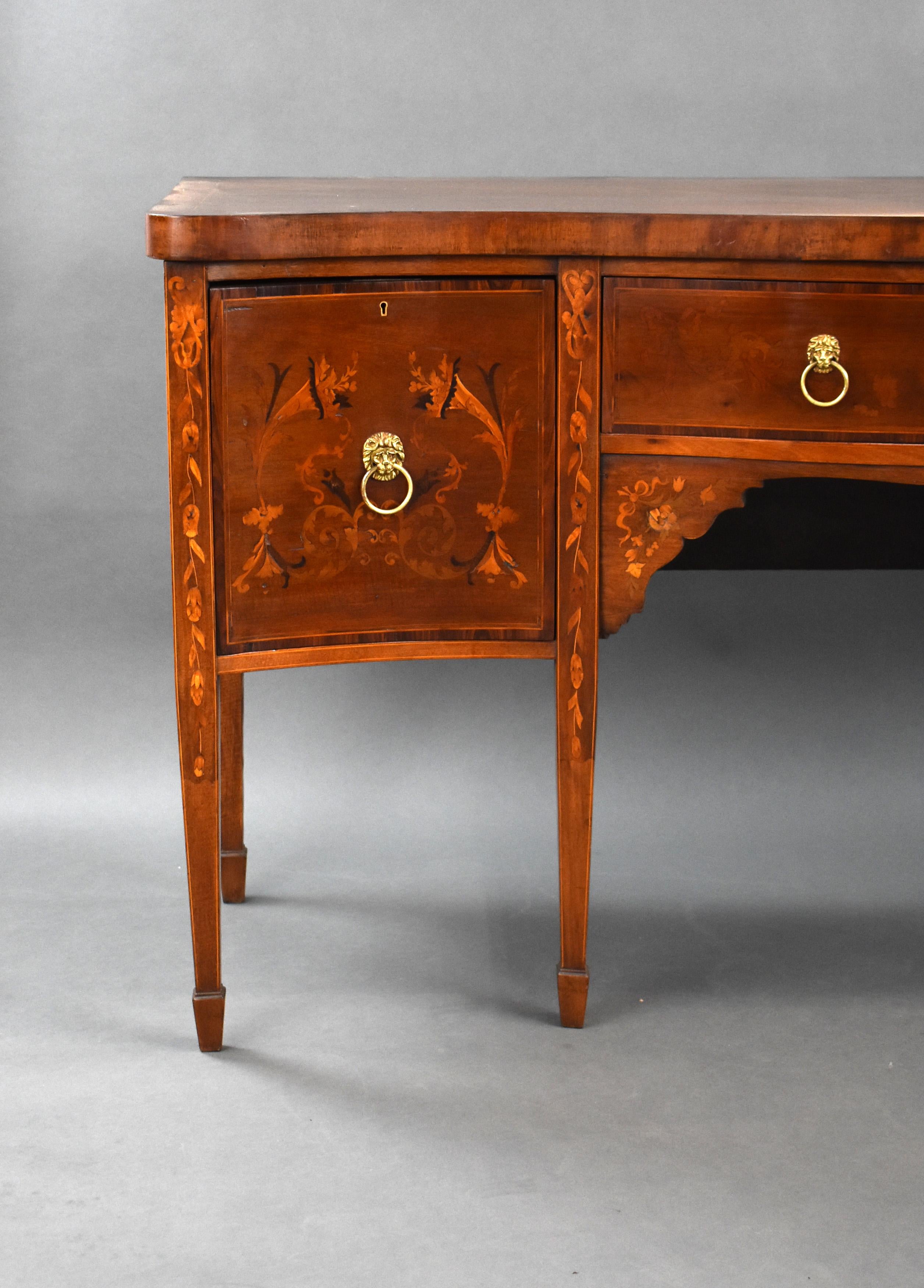 For sale is an Edwardian mahogany inlaid serpentine sideboard, remaining in very good condition, showing minor signs of wear commensurate with age and use.

Measures: width: 183cm, depth: 62cm, height: 95cm.