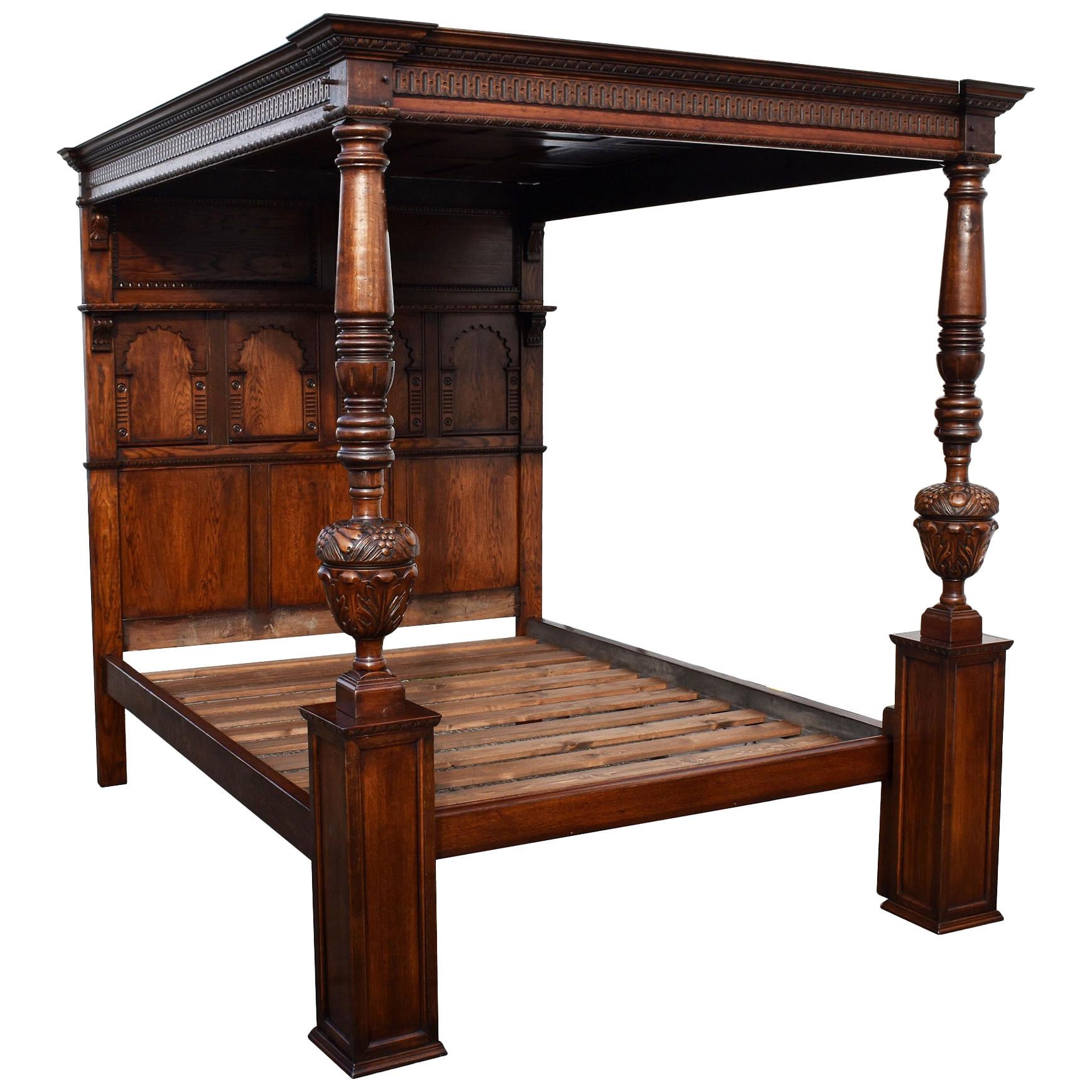 20th Century English Elizabethan Style Carved Oak Four Poster Bed