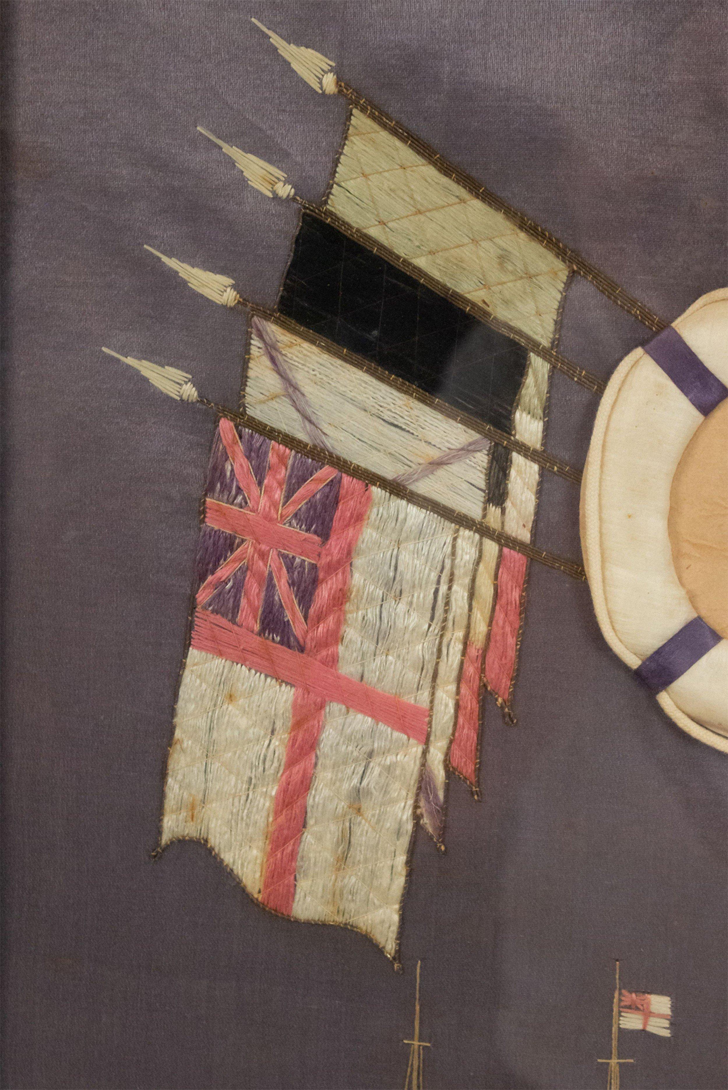 British 20th Century English Folk Art Framed Flag Naval War Memorial Embroidery For Sale