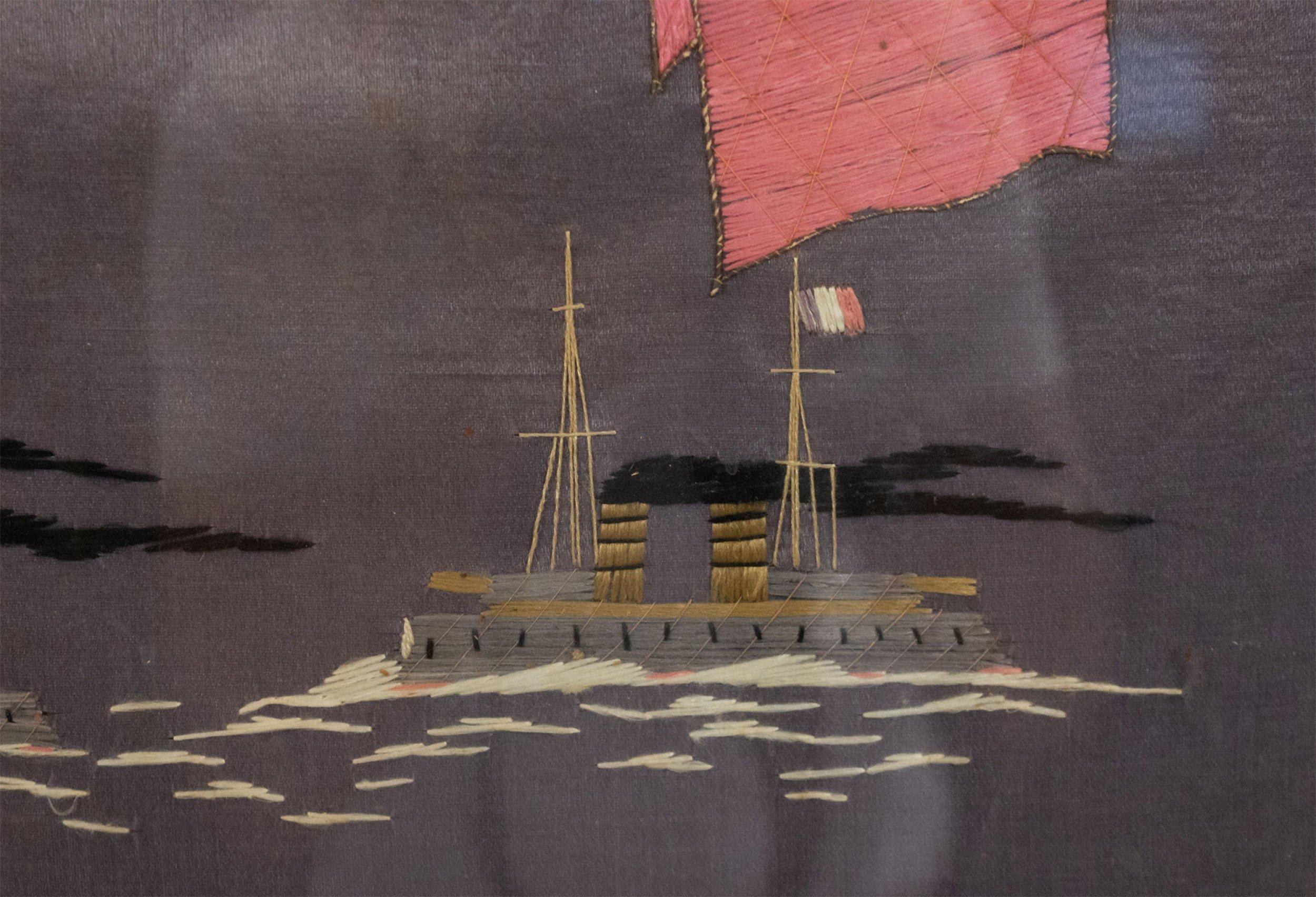 19th Century 20th Century English Folk Art Framed Flag Naval War Memorial Embroidery For Sale