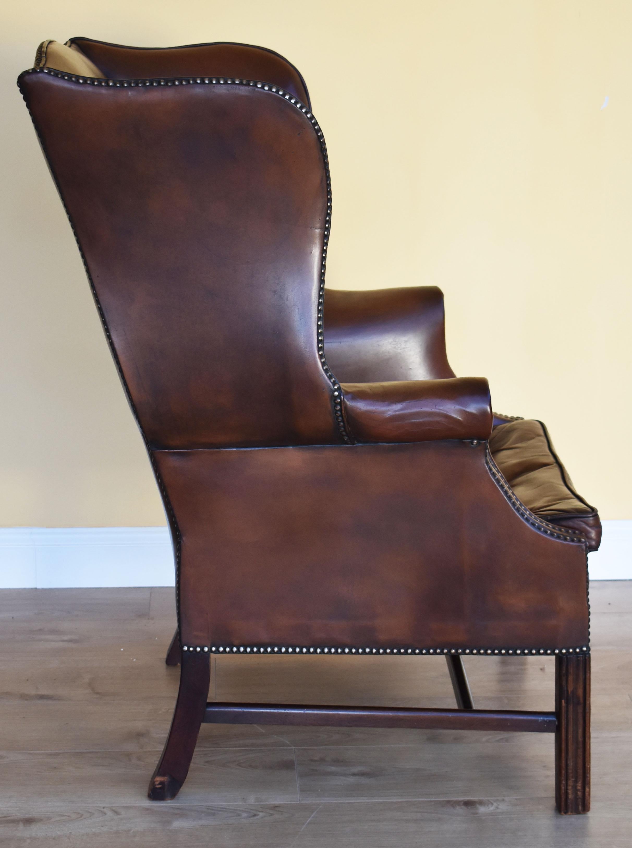 20th Century English Georgian Style Leather Wingback Armchair 1