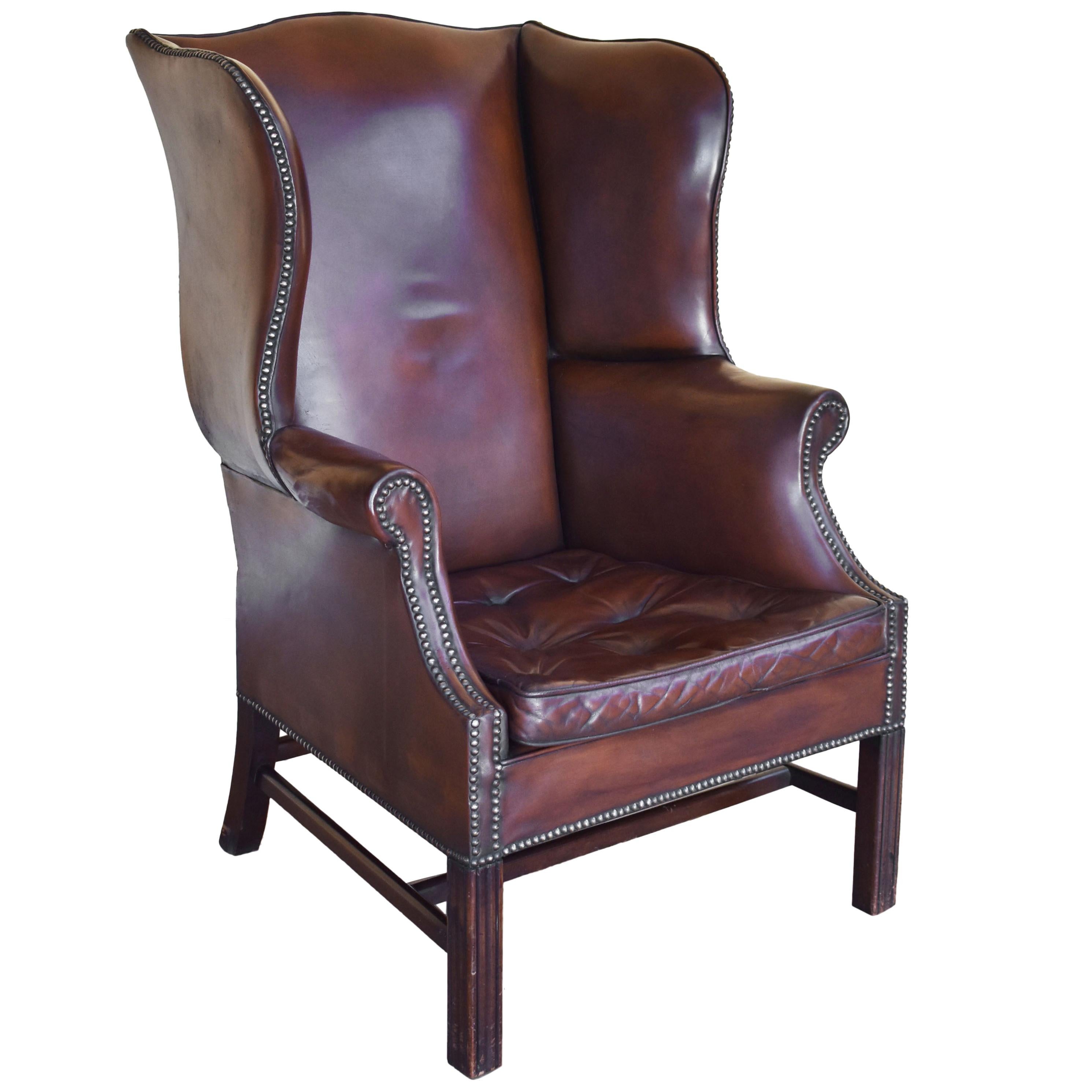 20th Century English Style Leather Wingback Armchair at