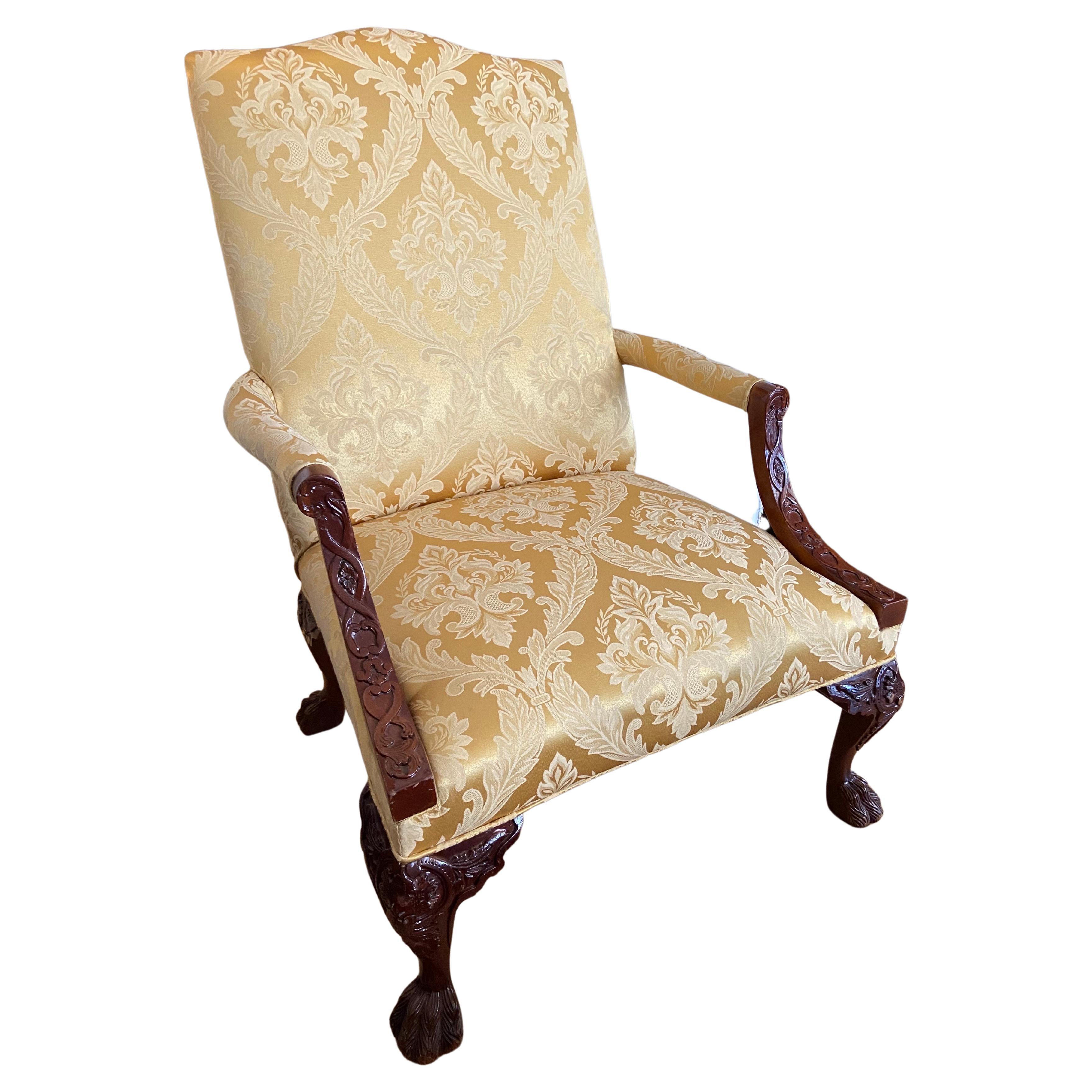 20th Century English Hand Carved Mahogany Armchair in Yellow Silk Upholstery