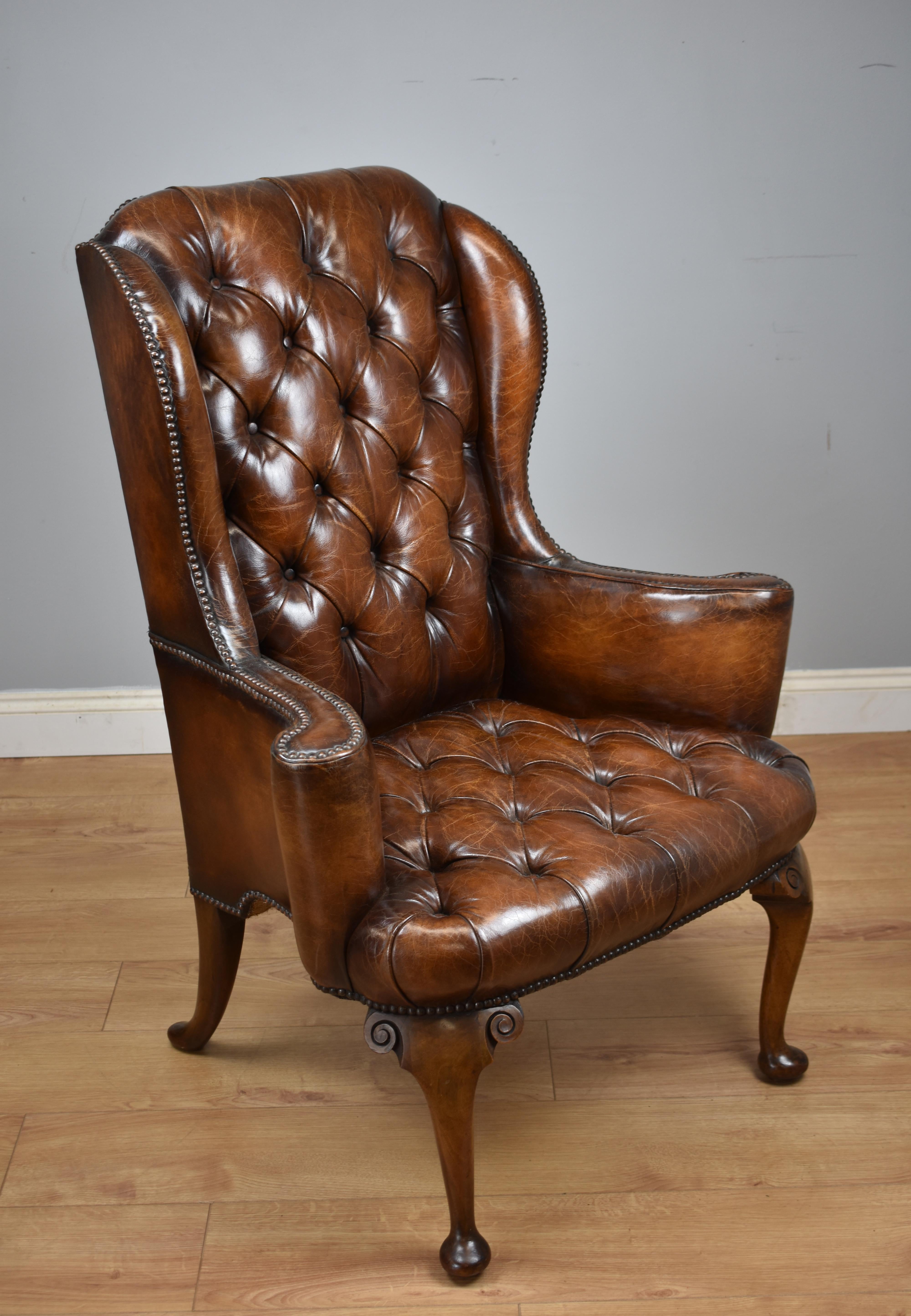 20th Century English Hand Dyed Distressed Brown Leather Wingback Armchair 9
