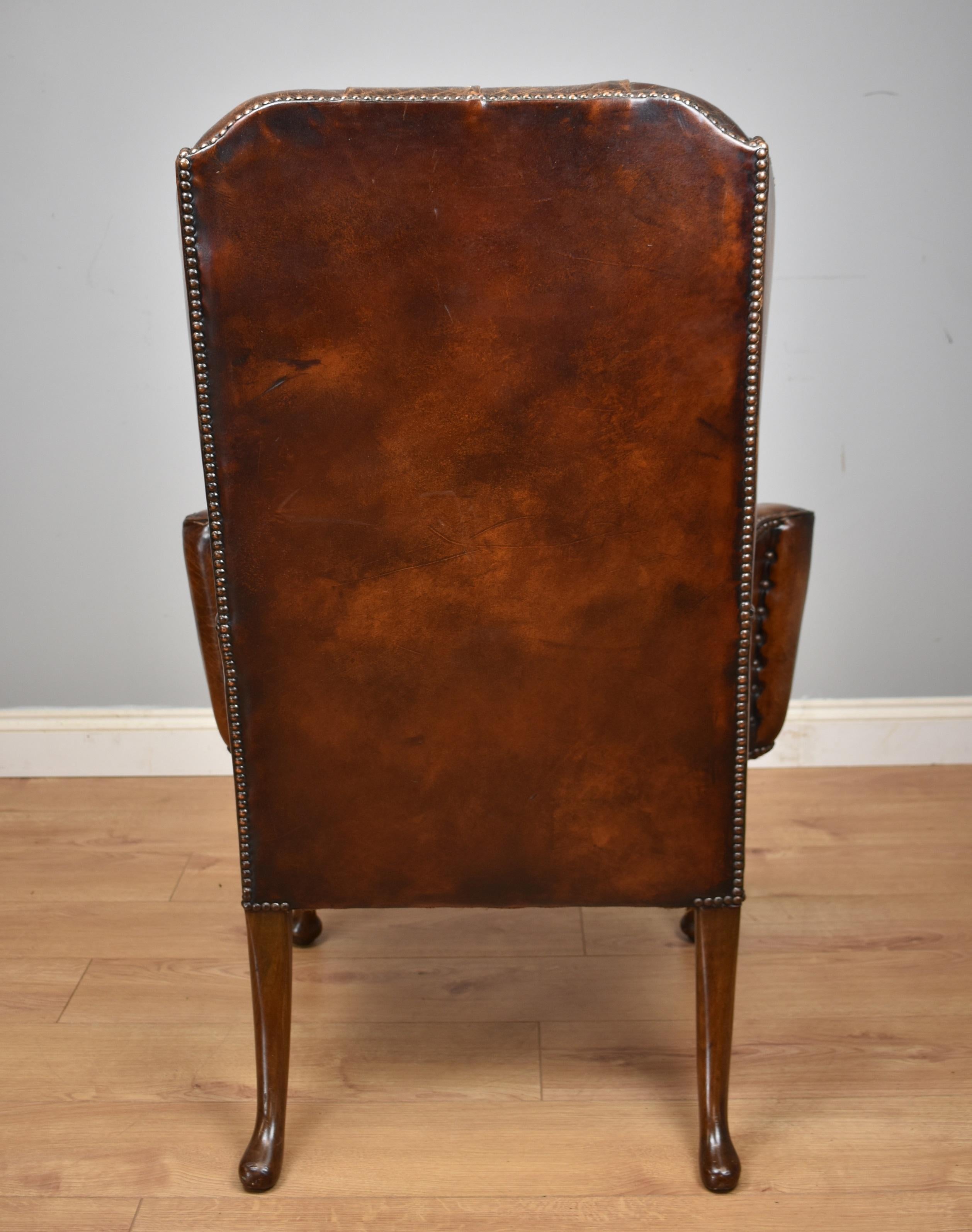 20th Century English Hand Dyed Distressed Brown Leather Wingback Armchair 1