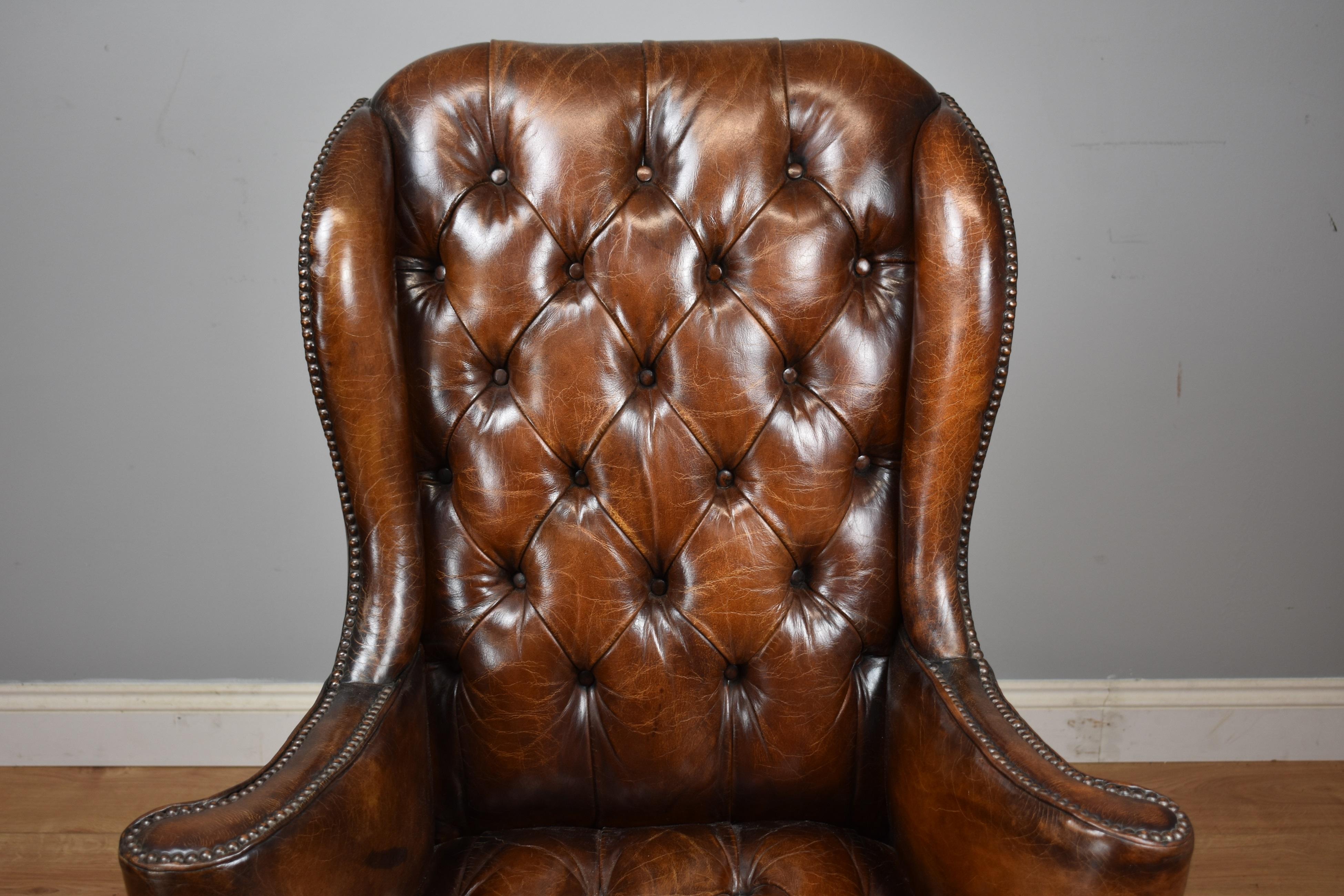 20th Century English Hand Dyed Distressed Brown Leather Wingback Armchair 2