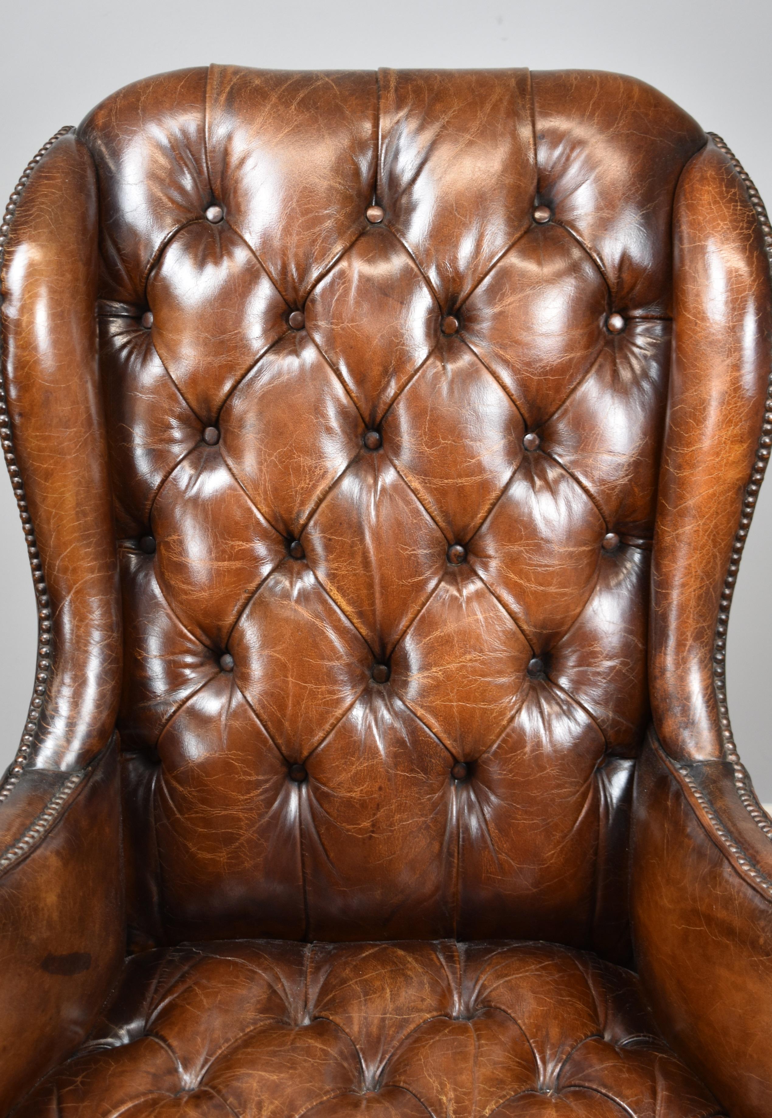 20th Century English Hand Dyed Distressed Brown Leather Wingback Armchair 3