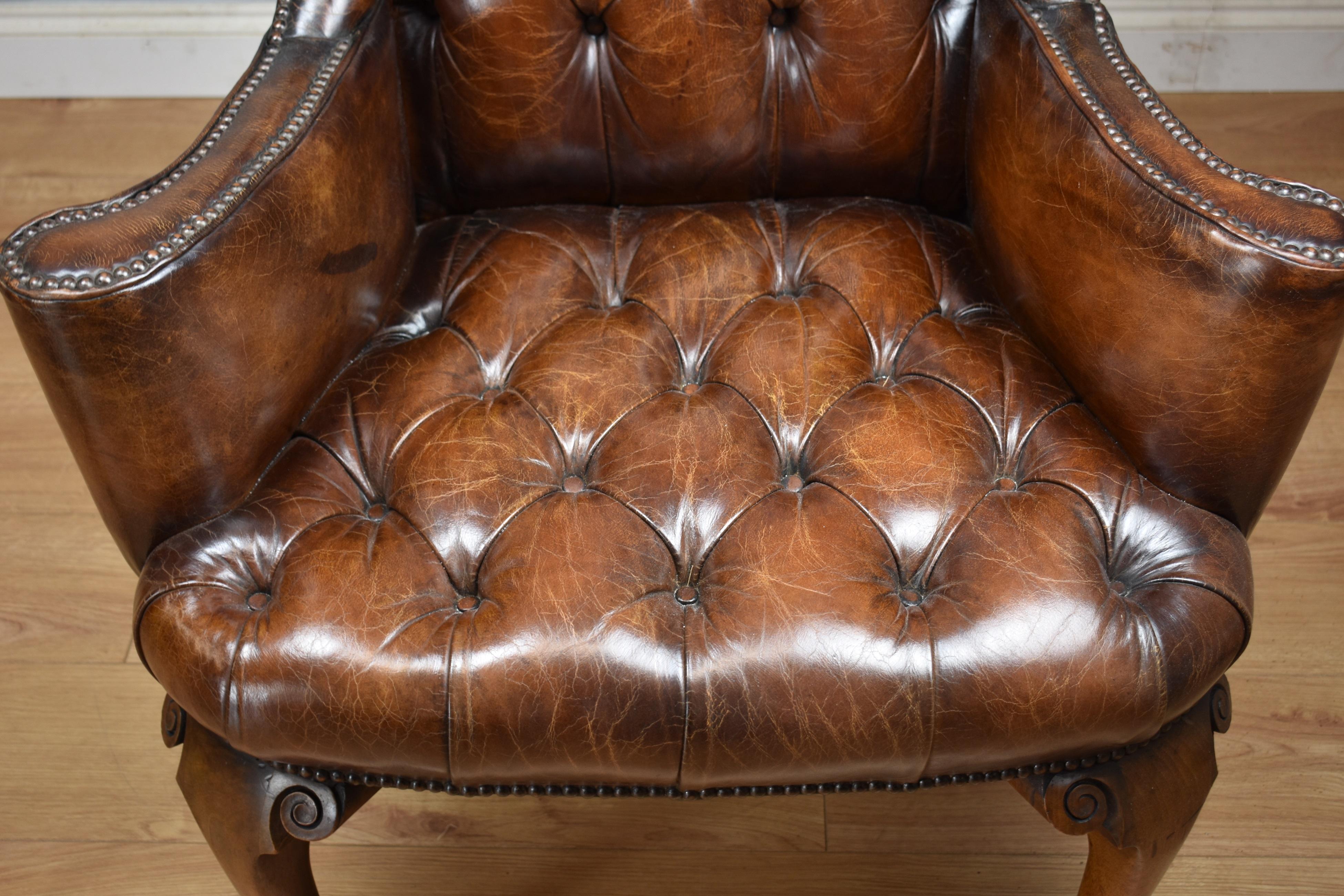 20th Century English Hand Dyed Distressed Brown Leather Wingback Armchair 4