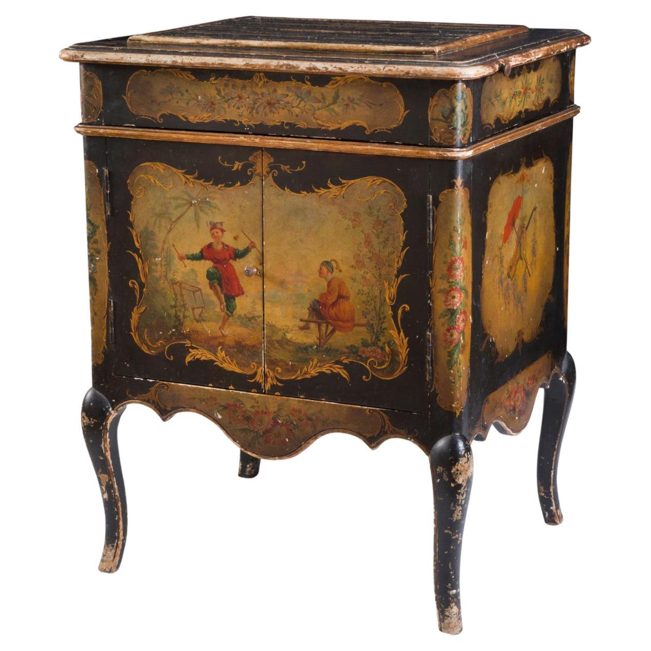 20th Century English Hand Painted in Chinoiserie Antique Music Cabinet Motophone