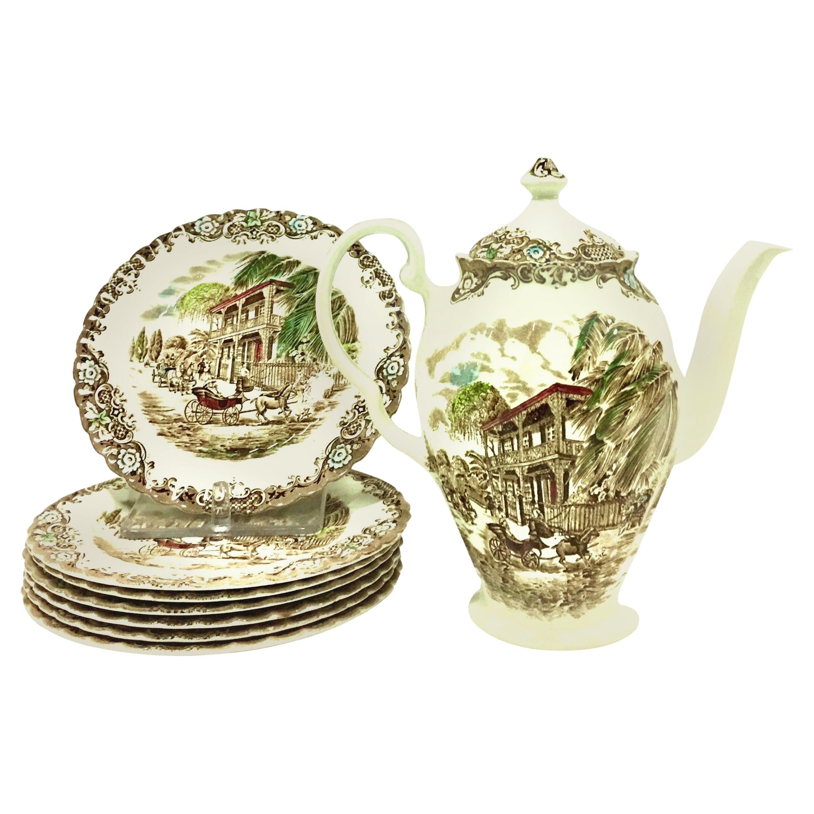 20th Century English Ironstone Coffee-Dessert Set of 9 "French Provincial" For Sale
